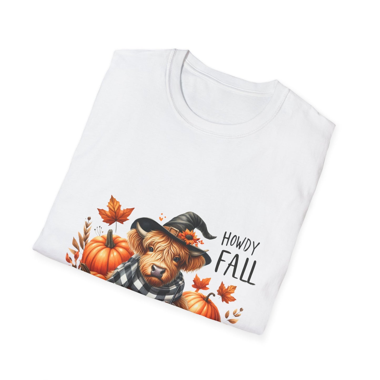 Howdy Fall-Themed Unisex T-Shirt with Cute Cow, Latte, and Pumpkin Design
