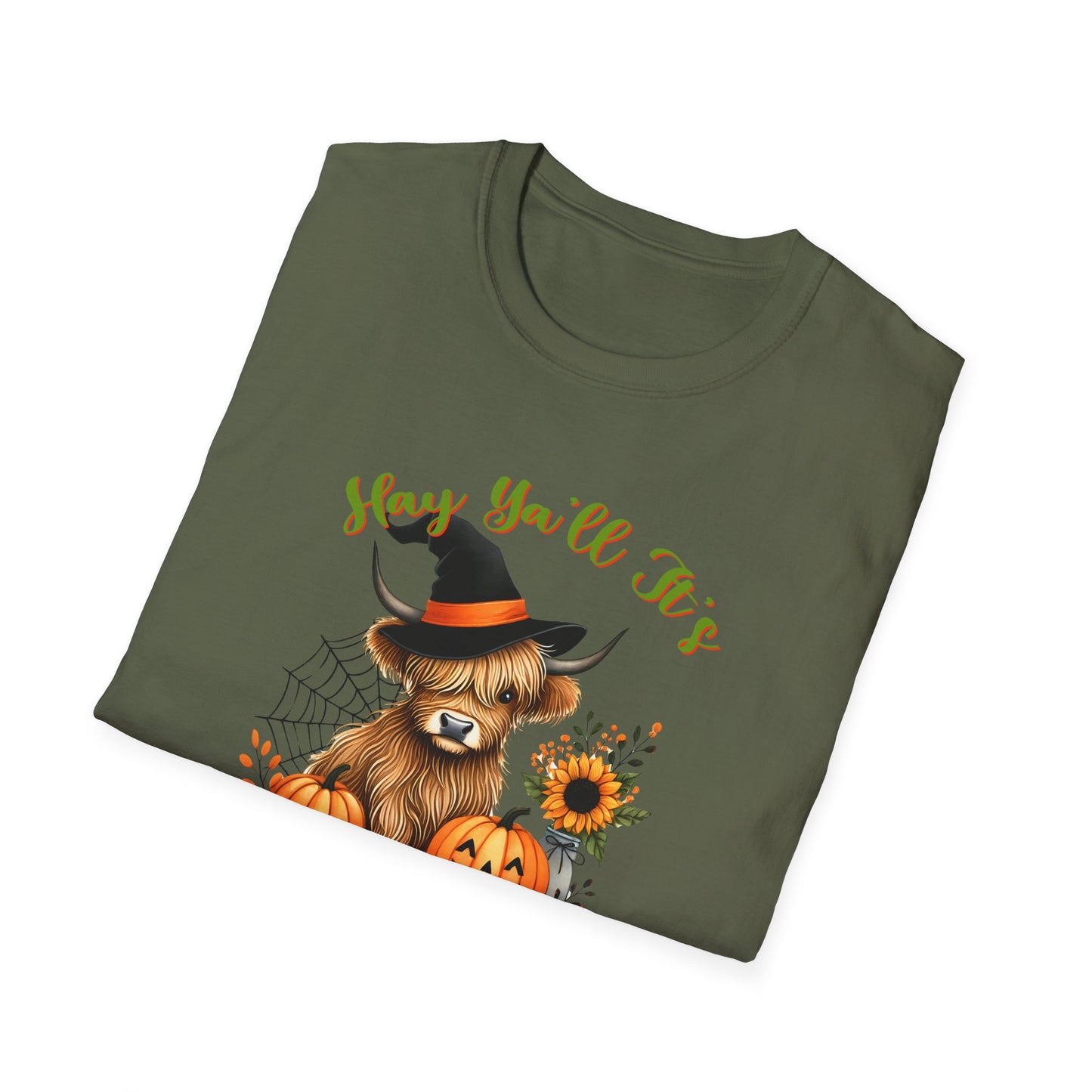 Hey Y'all It's Spooky Season Halloween Cow Unisex Softstyle T-Shirt - Perfect for Halloween Celebrations