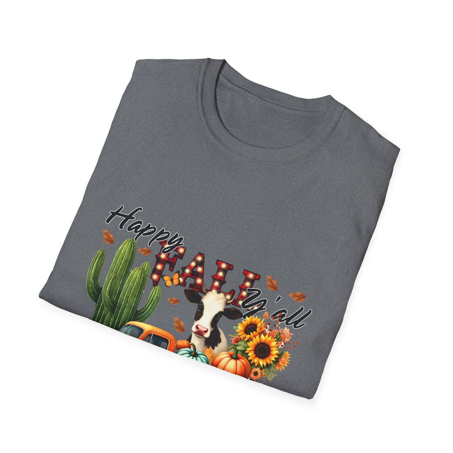 Happy Fall Y'all Unisex Softstyle Cow. FarmT-Shirt - Autumn Vibe Tee with Pumpkins and Sunflowers