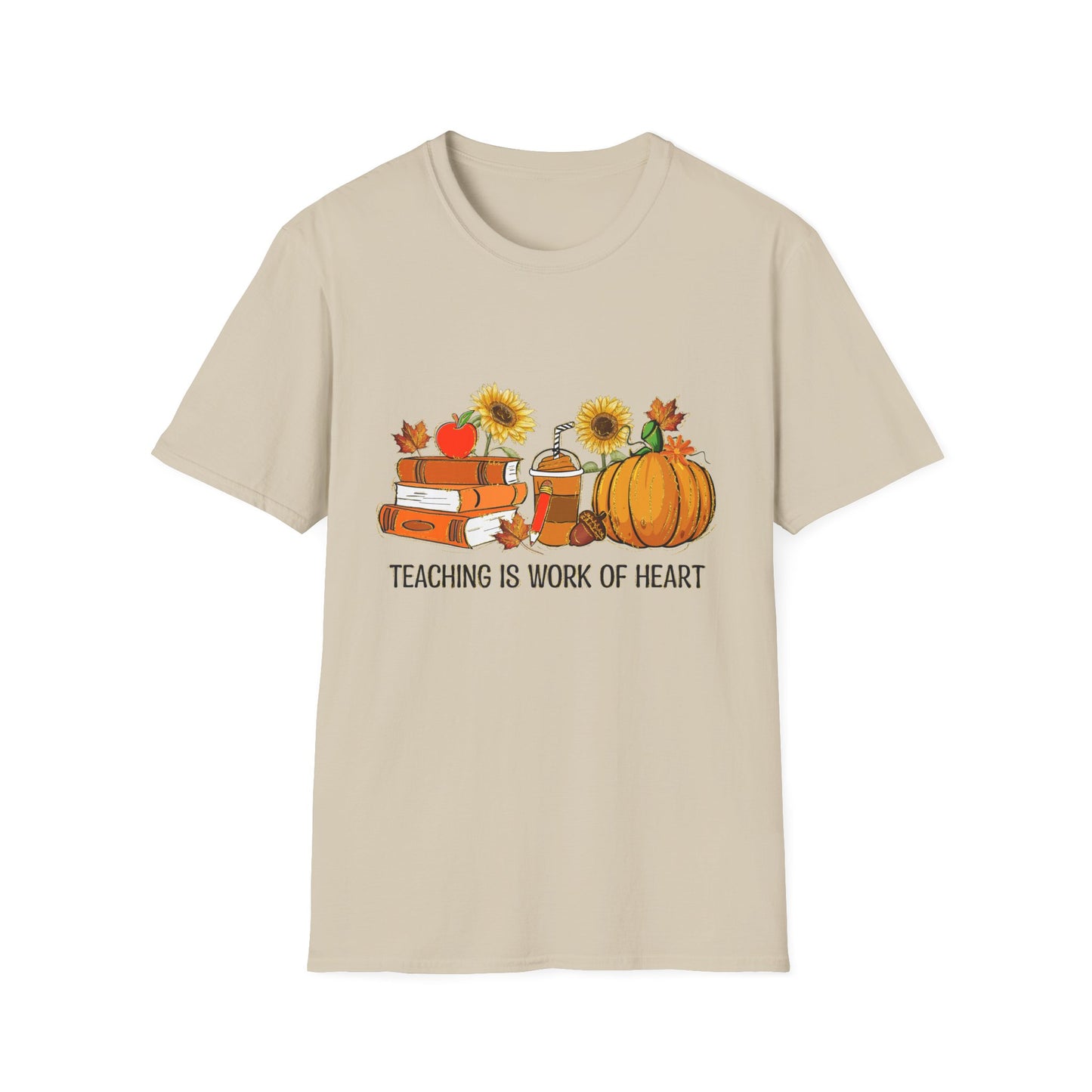 "Teaching is Work of Heart" Fall Teacher Unisex Softstyle T-Shirt - Pumpkin and Sunflower Design for Teachers