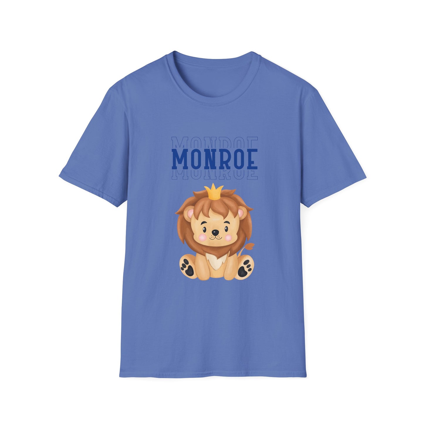 Triple Monroe Blue Lettering Cute Lion Wearing Crown Softstyle T-Shirt: Adult Unisex