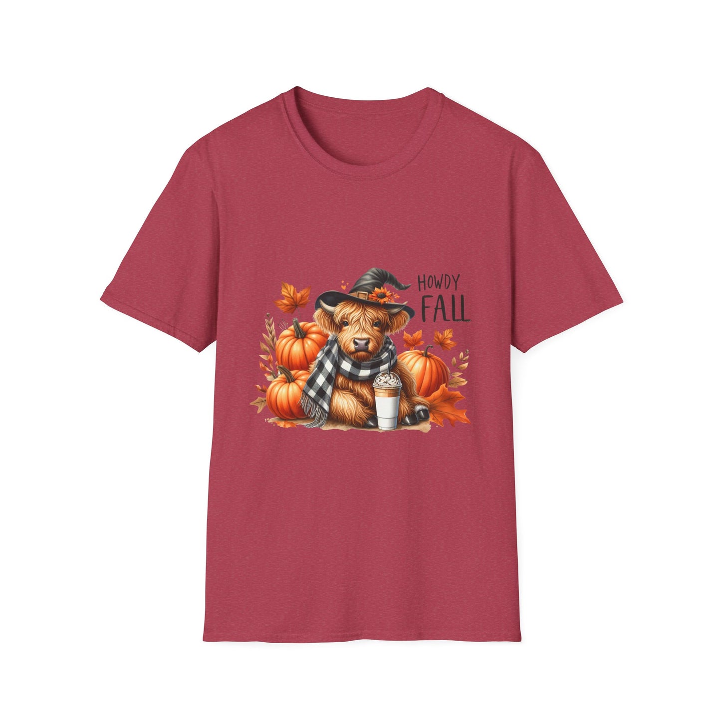 Howdy Fall-Themed Unisex T-Shirt with Cute Cow, Latte, and Pumpkin Design