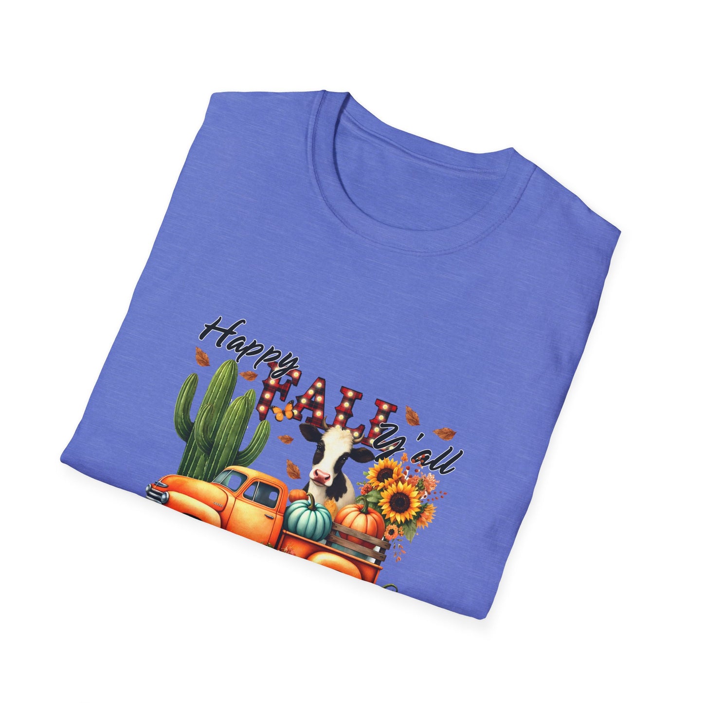 Happy Fall Y'all Unisex Softstyle Cow. FarmT-Shirt - Autumn Vibe Tee with Pumpkins and Sunflowers