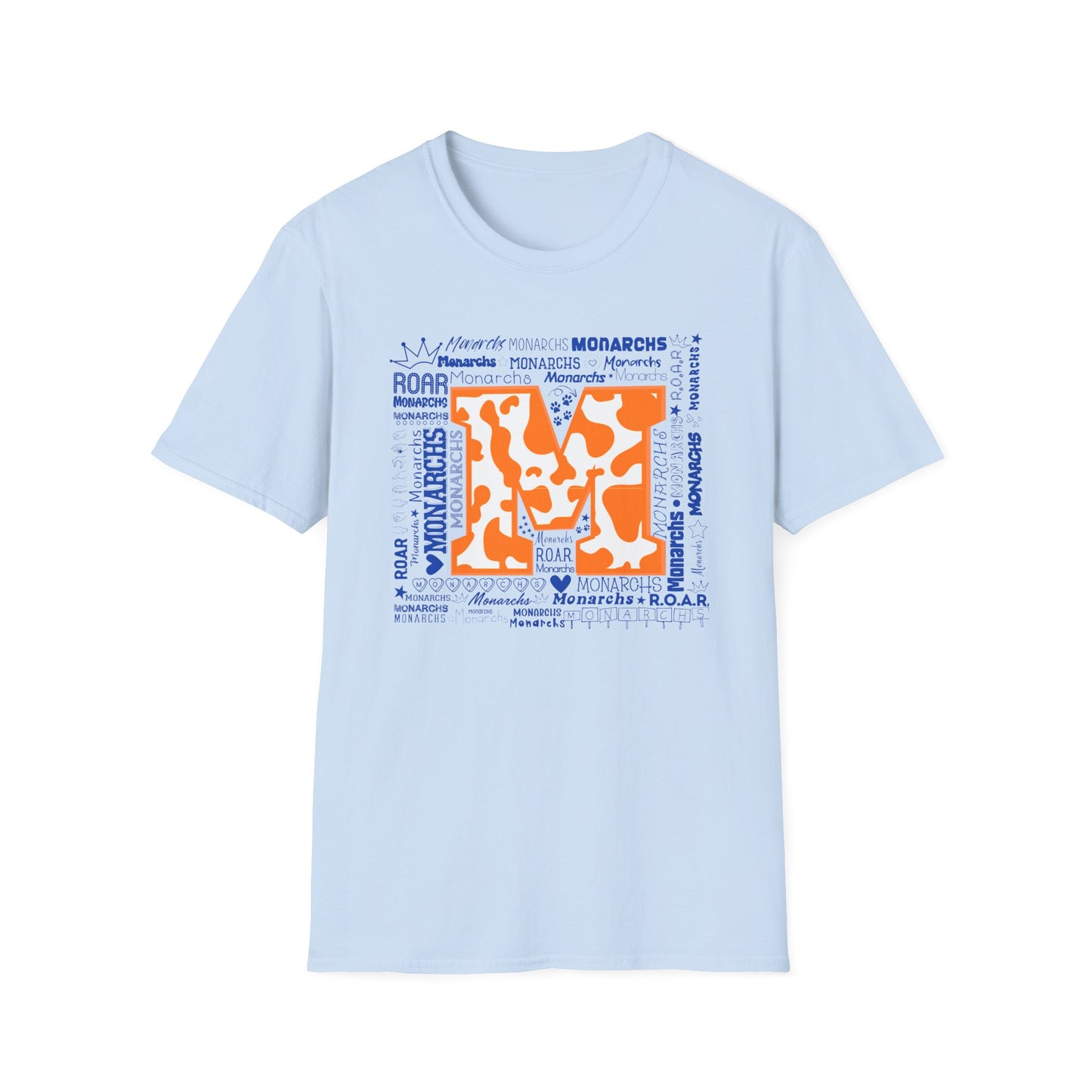 Orange Cow M Monarchs Unisex Softstyle T-Shirt with 'Monarchs Roar' Design - Perfect for School Spirit and Team Events