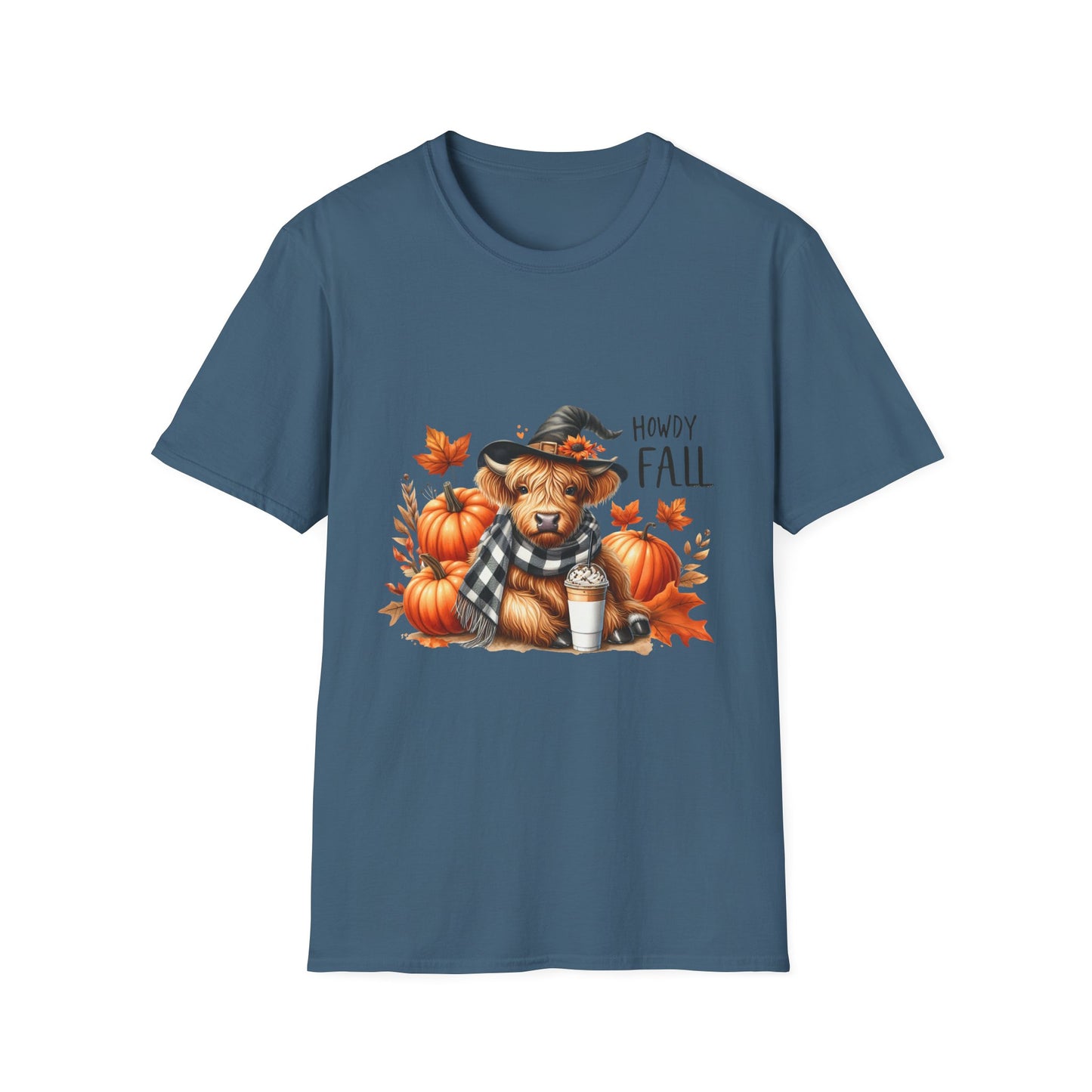 Howdy Fall-Themed Unisex T-Shirt with Cute Cow, Latte, and Pumpkin Design