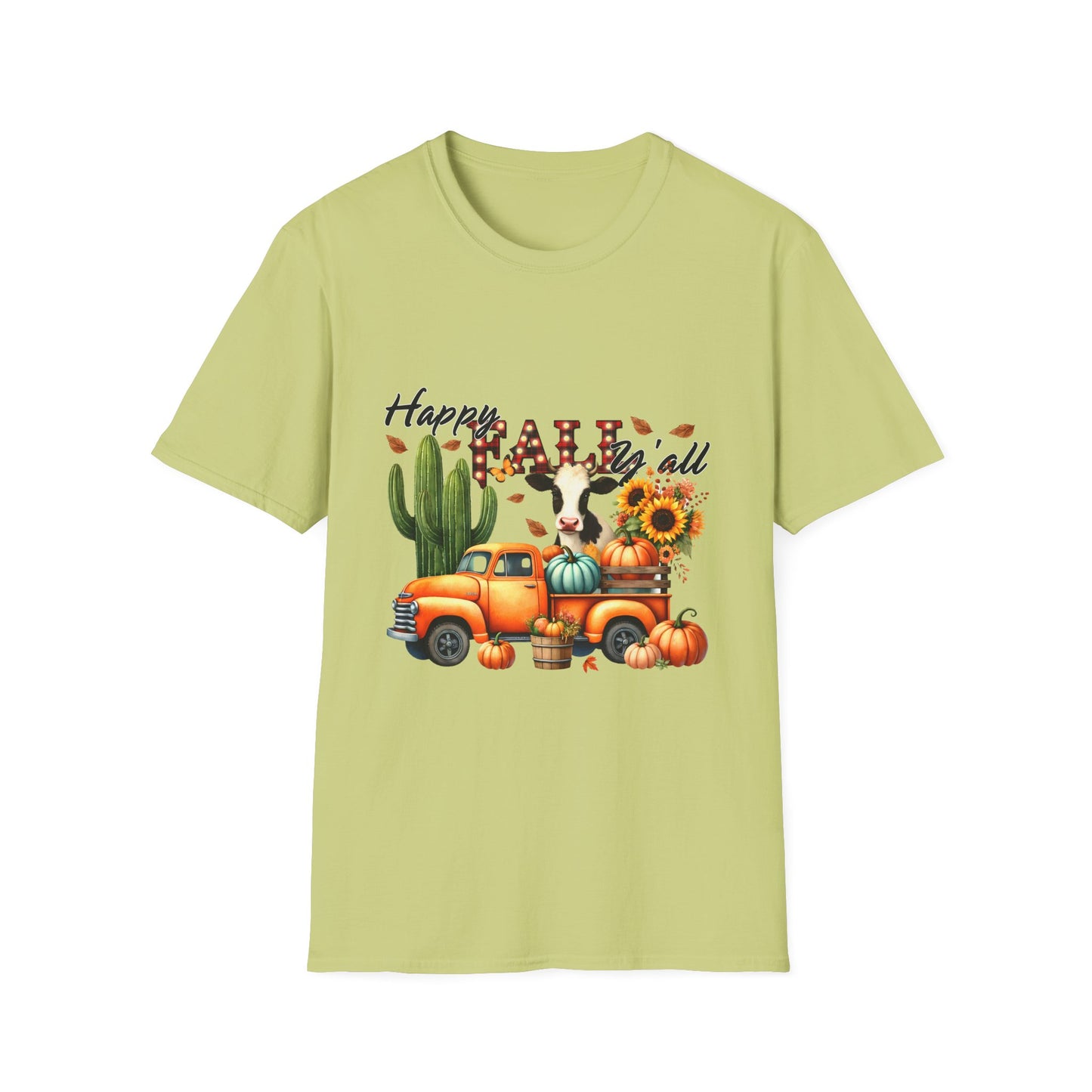 Happy Fall Y'all Unisex Softstyle Cow. FarmT-Shirt - Autumn Vibe Tee with Pumpkins and Sunflowers