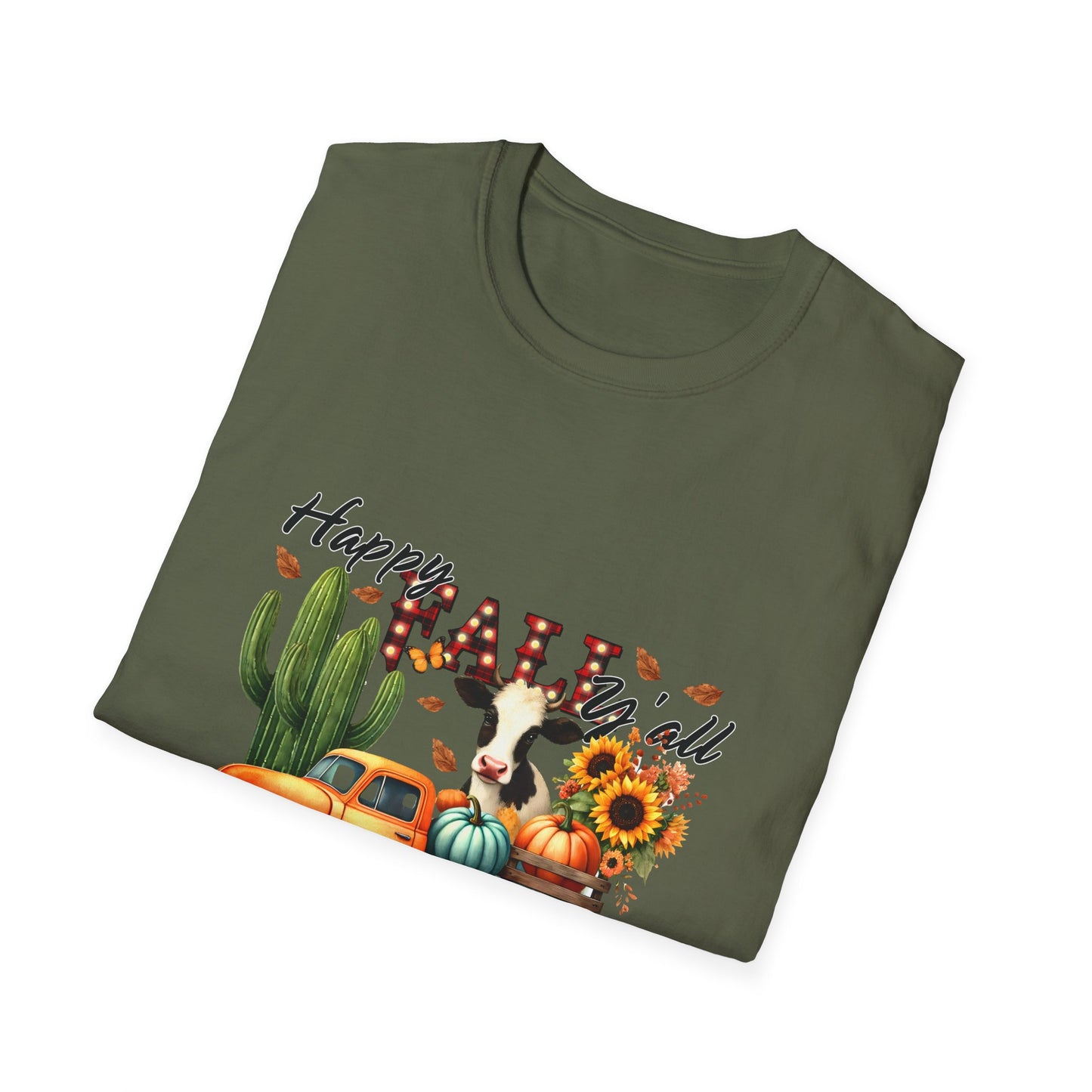 Happy Fall Y'all Unisex Softstyle Cow. FarmT-Shirt - Autumn Vibe Tee with Pumpkins and Sunflowers