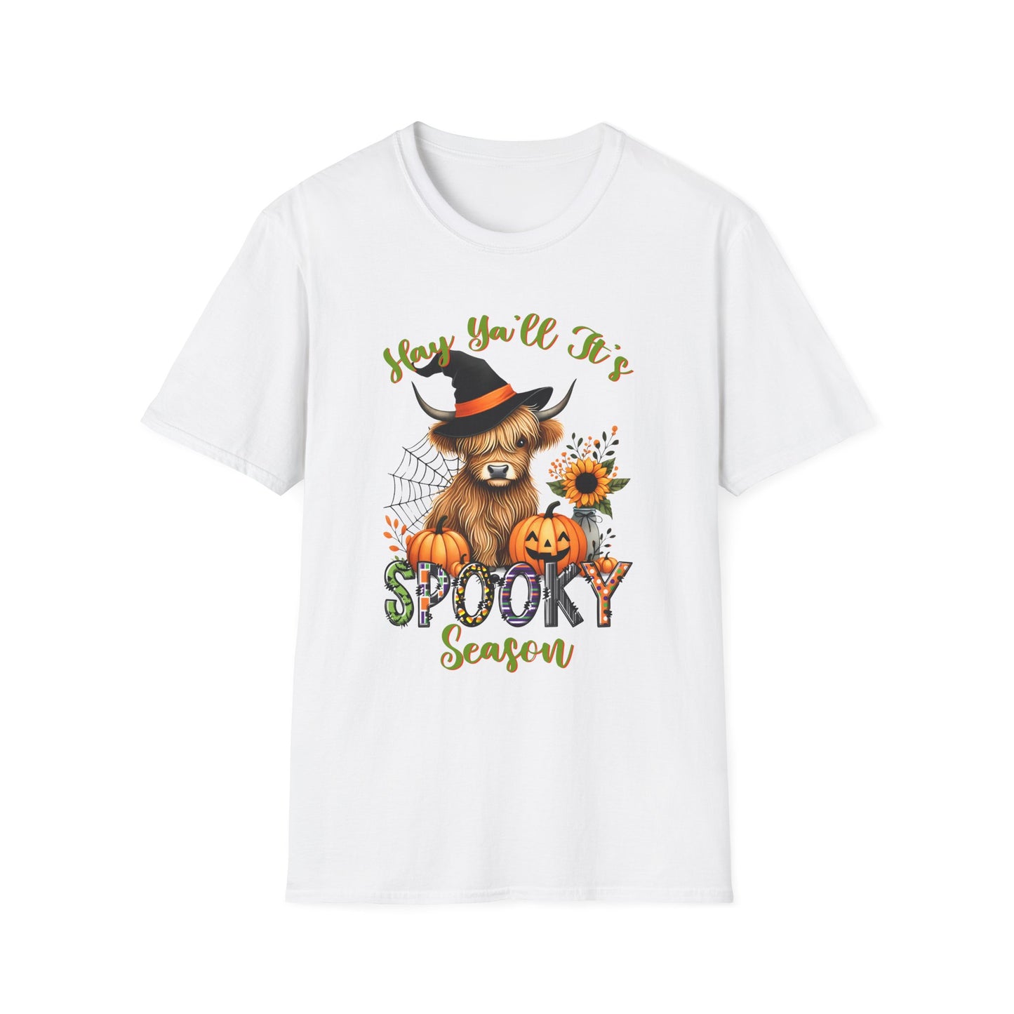 Hey Y'all It's Spooky Season Halloween Cow Unisex Softstyle T-Shirt - Perfect for Halloween Celebrations