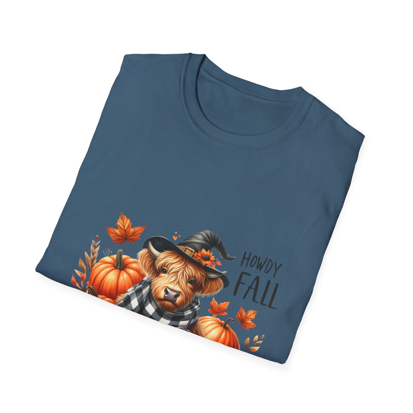Howdy Fall-Themed Unisex T-Shirt with Cute Cow, Latte, and Pumpkin Design
