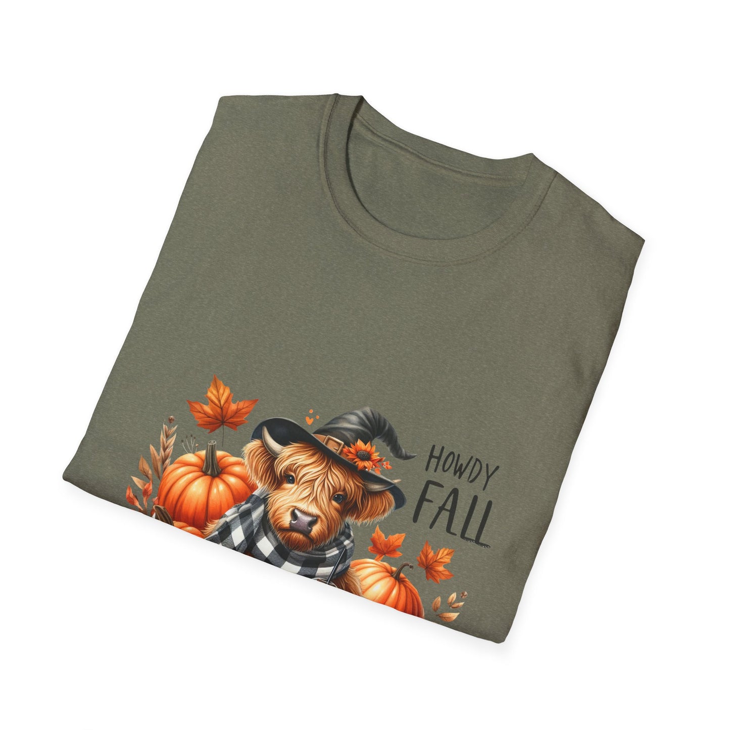 Howdy Fall-Themed Unisex T-Shirt with Cute Cow, Latte, and Pumpkin Design