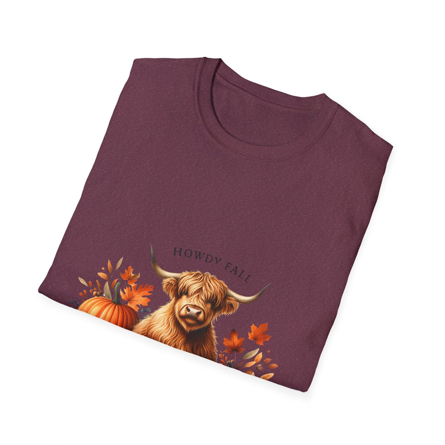 Howdy Fall-Themed Highland Cow Unisex T-Shirt - Cute Pumpkin Design