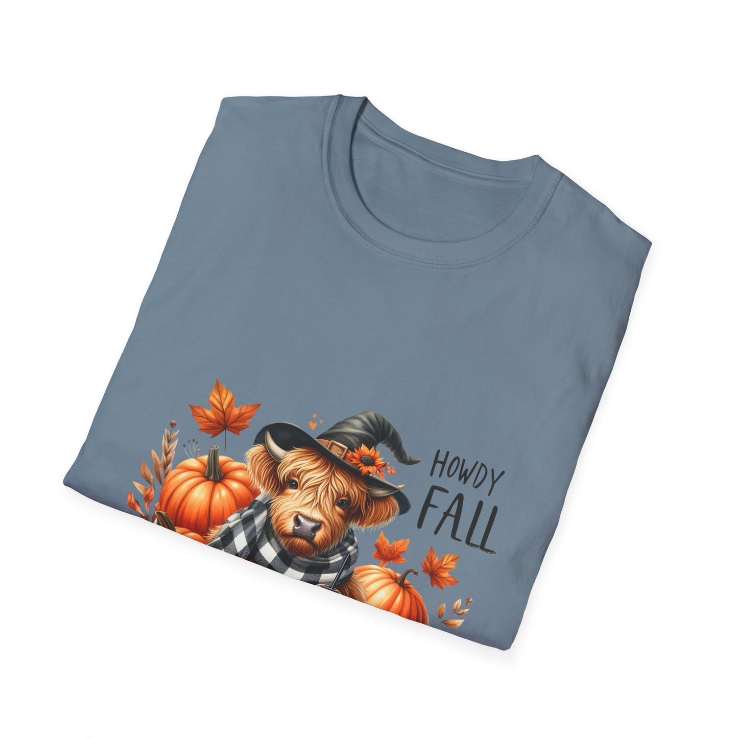 Howdy Fall-Themed Unisex T-Shirt with Cute Cow, Latte, and Pumpkin Design