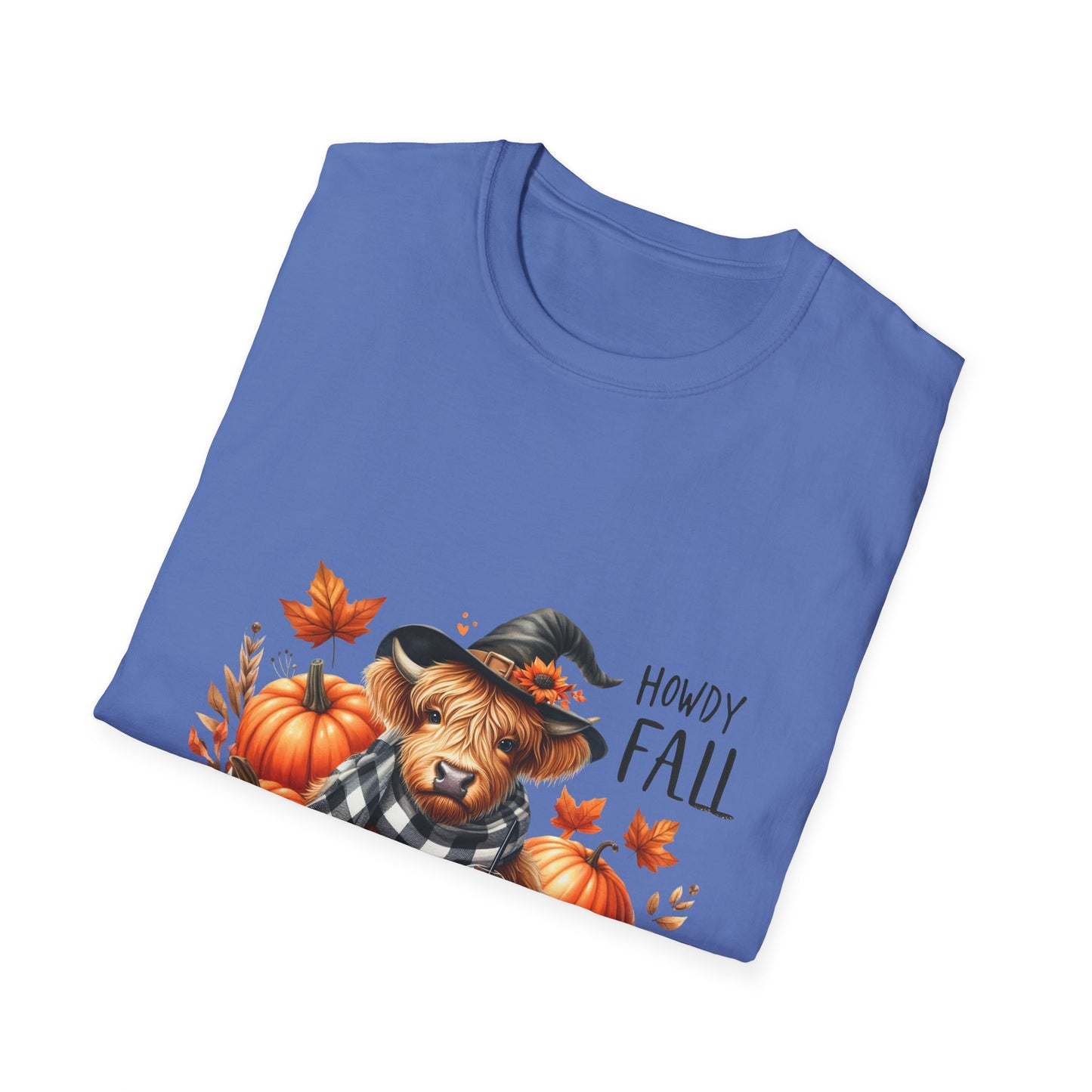 Howdy Fall-Themed Unisex T-Shirt with Cute Cow, Latte, and Pumpkin Design