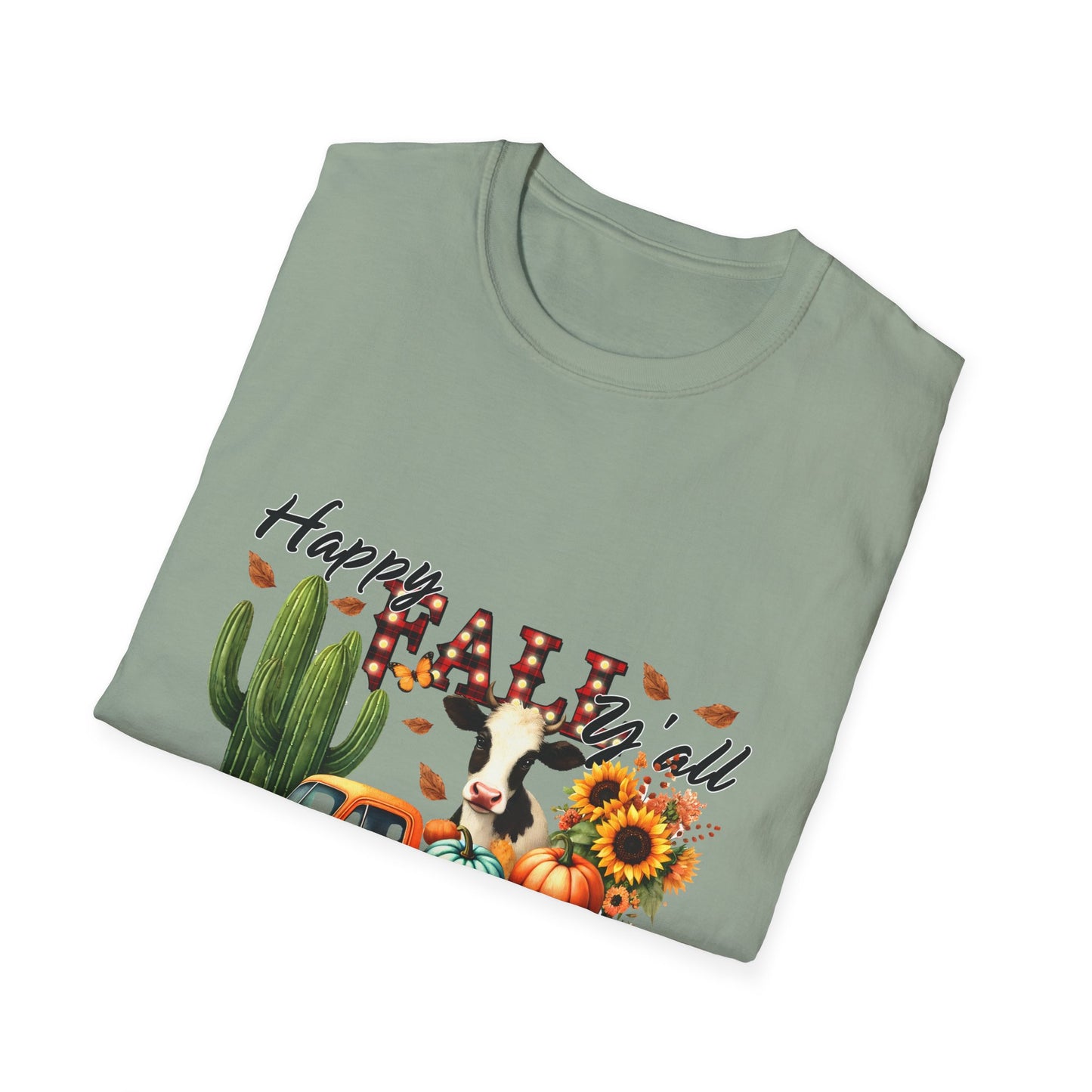 Happy Fall Y'all Unisex Softstyle Cow. FarmT-Shirt - Autumn Vibe Tee with Pumpkins and Sunflowers