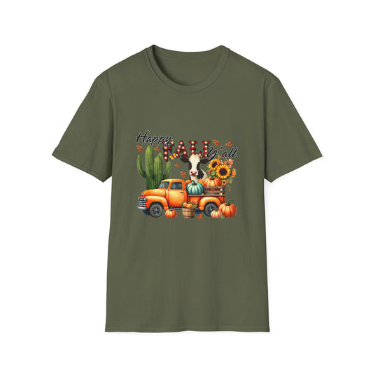 Happy Fall Y'all Unisex Softstyle Cow. FarmT-Shirt - Autumn Vibe Tee with Pumpkins and Sunflowers