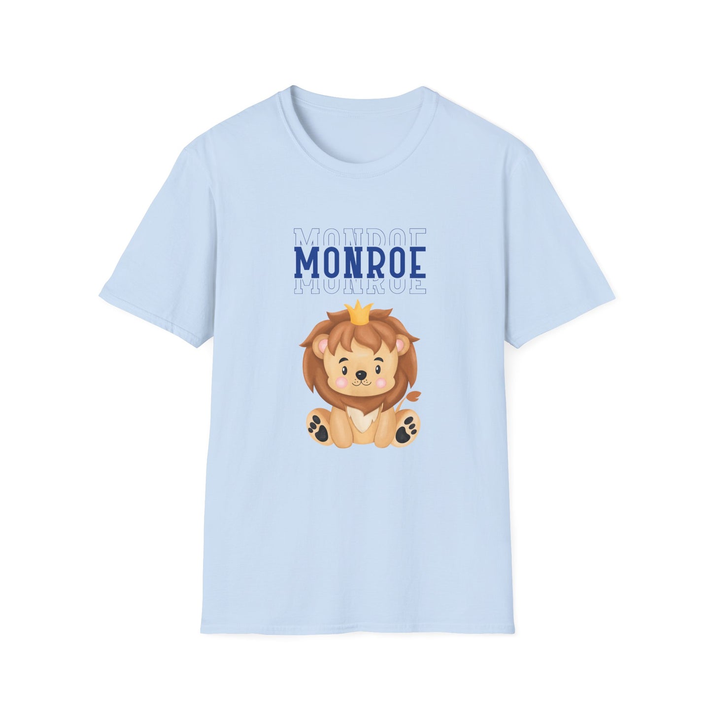 Triple Monroe Blue Lettering Cute Lion Wearing Crown Softstyle T-Shirt: Adult Unisex