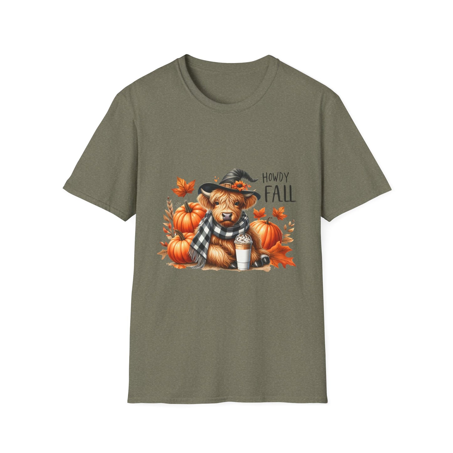 Howdy Fall-Themed Unisex T-Shirt with Cute Cow, Latte, and Pumpkin Design