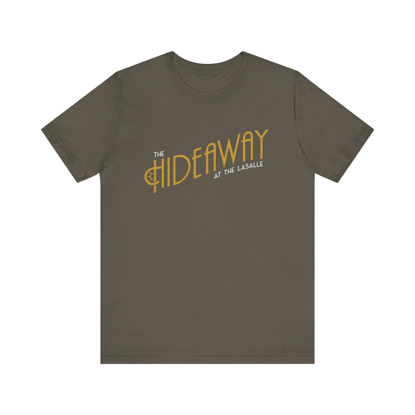 The Hideaway At the Lasalle Printed on Front with back desing Unisex Jersey Short Sleeve Tee