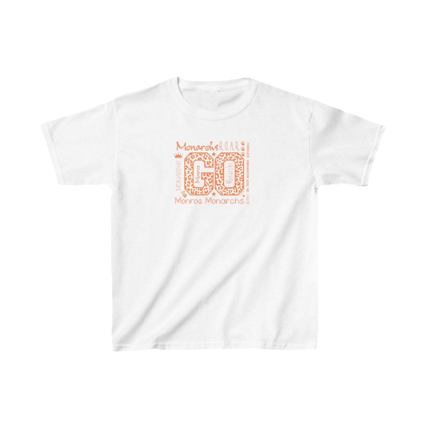 Kids Go Monarchs Orange Leopard Heavy Cotton Tee - Go Monroe Monarchs Cheer Shirt