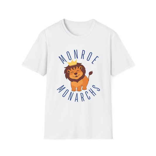 Monroe Monarchs in Blue Lettering with Cute Grinning Lion  Adult T-Shirt - Fun & Stylish School Spirit Wear