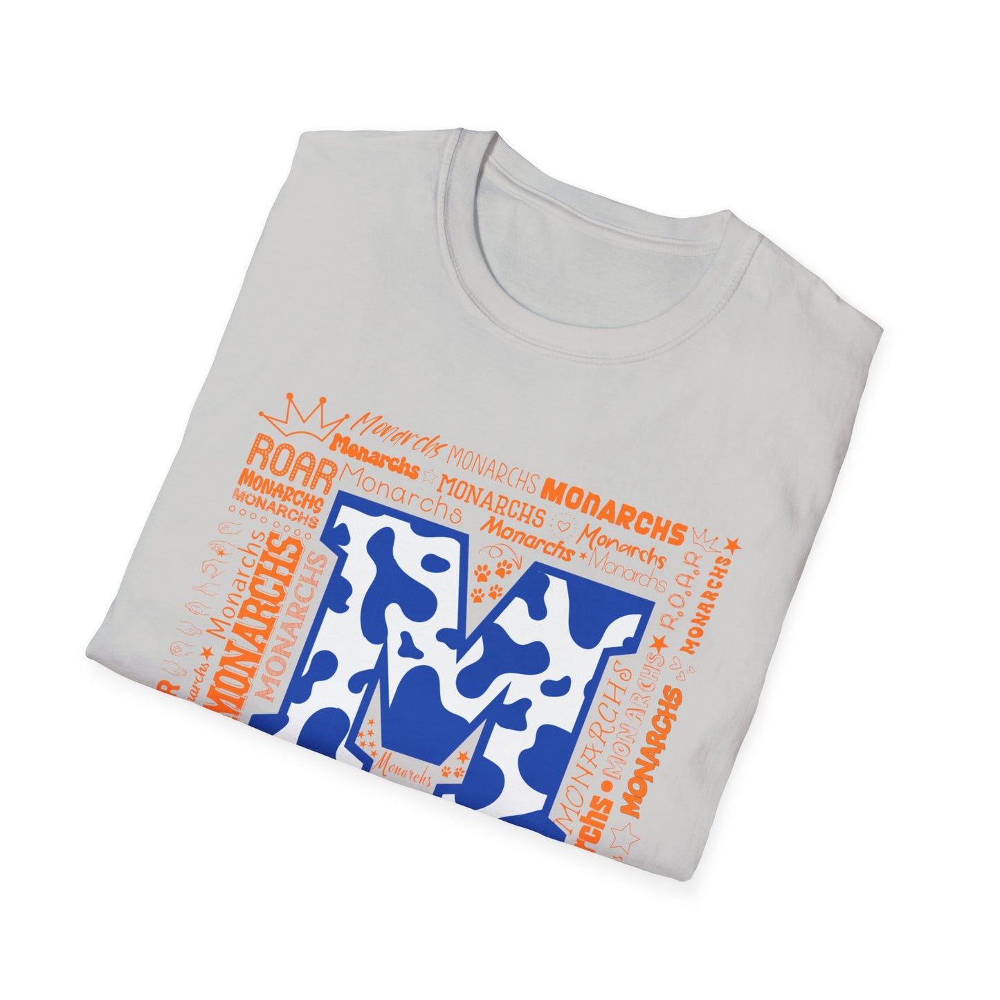 Blue Cow Print M Monarchs Unisex Softstyle T-Shirt - Monarchs Roar Graphic Tee for School Spirit