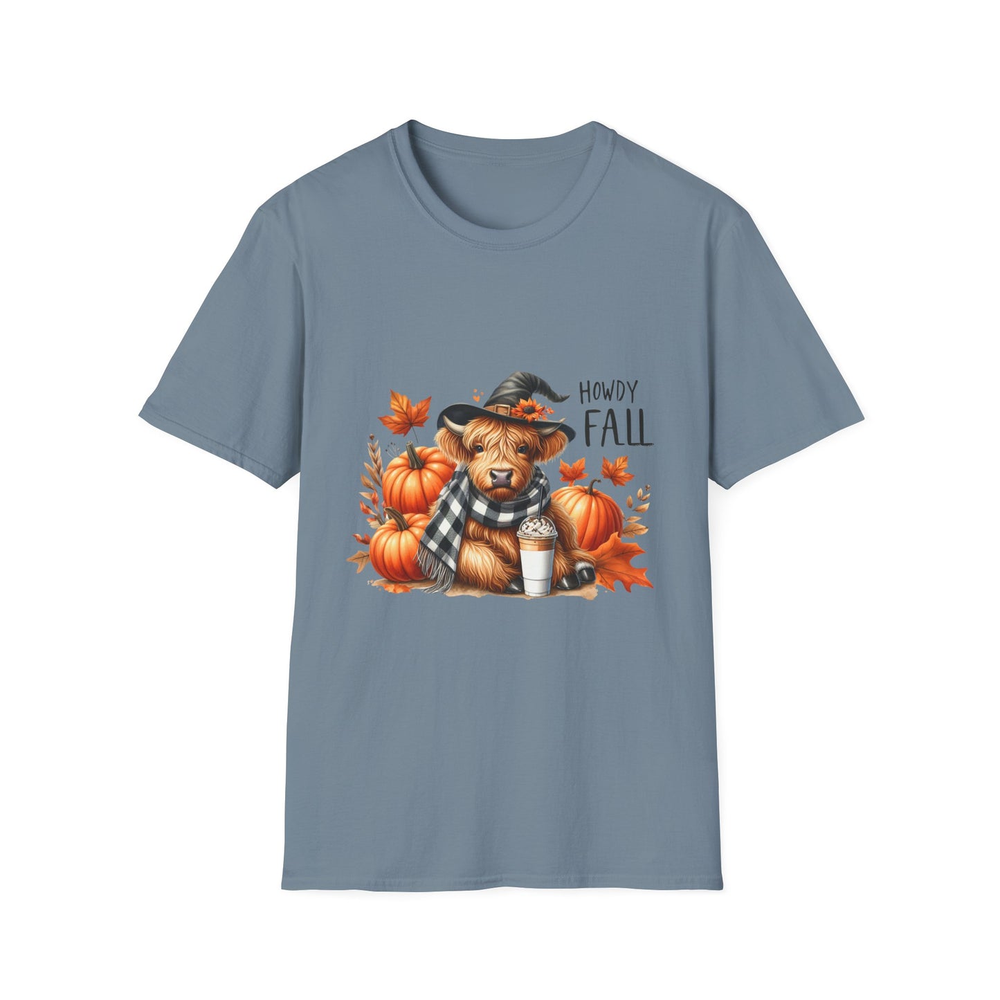 Howdy Fall-Themed Unisex T-Shirt with Cute Cow, Latte, and Pumpkin Design