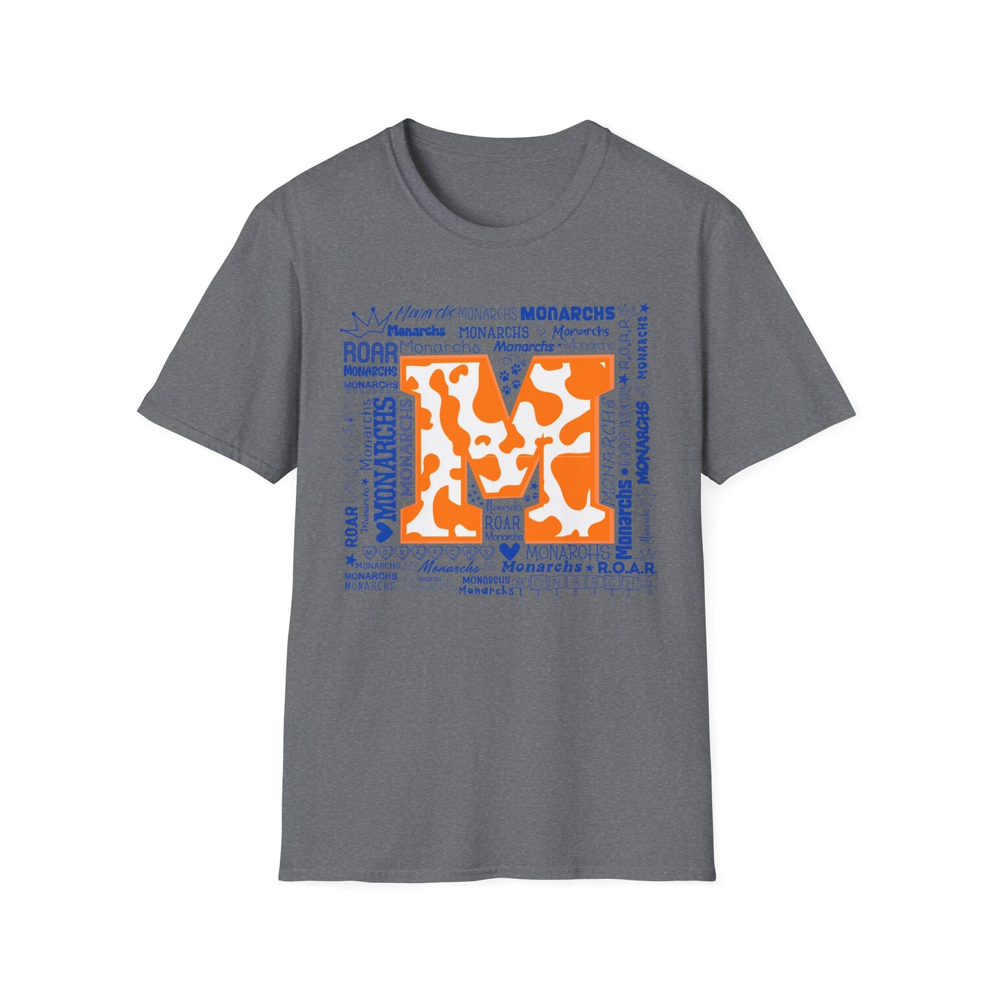 Orange Cow M Monarchs Unisex Softstyle T-Shirt with 'Monarchs Roar' Design - Perfect for School Spirit and Team Events