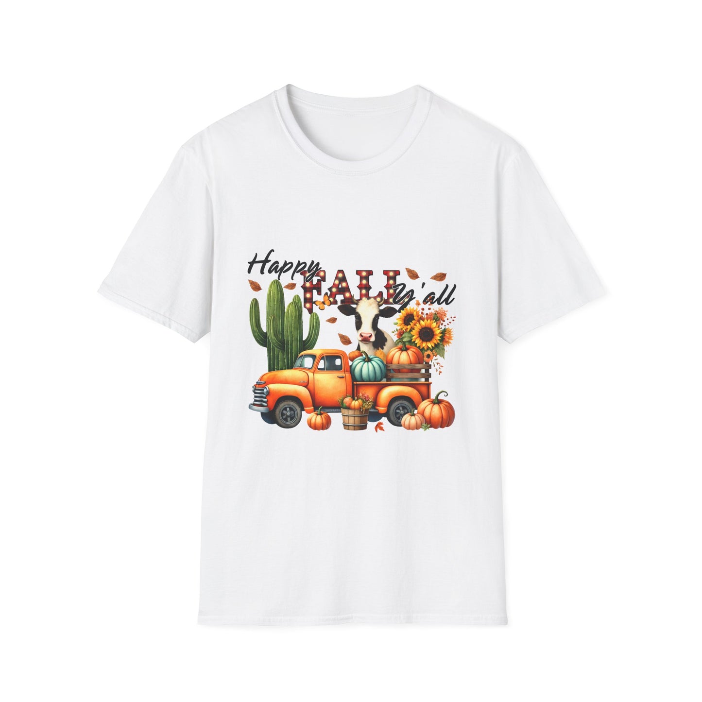 Happy Fall Y'all Unisex Softstyle Cow. FarmT-Shirt - Autumn Vibe Tee with Pumpkins and Sunflowers
