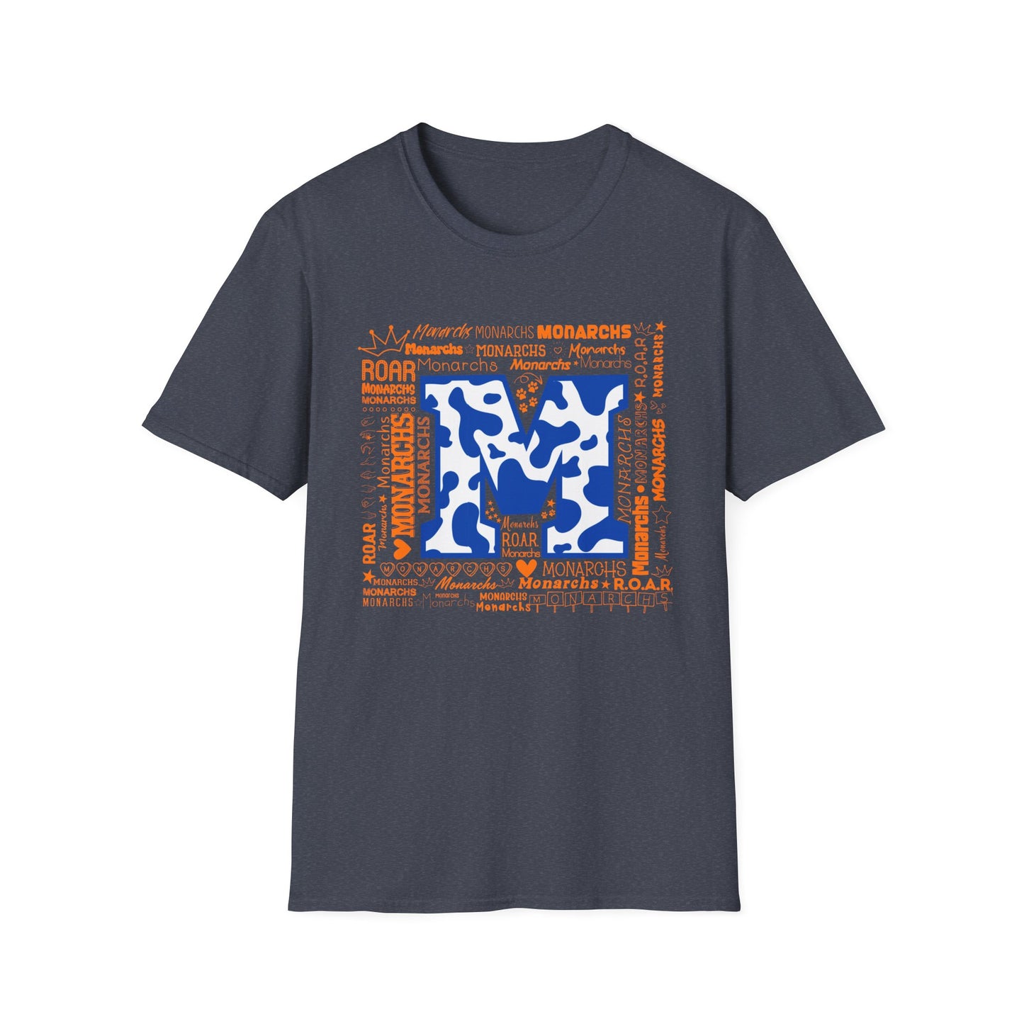 Blue Cow Print M Monarchs Unisex Softstyle T-Shirt - Monarchs Roar Graphic Tee for School Spirit