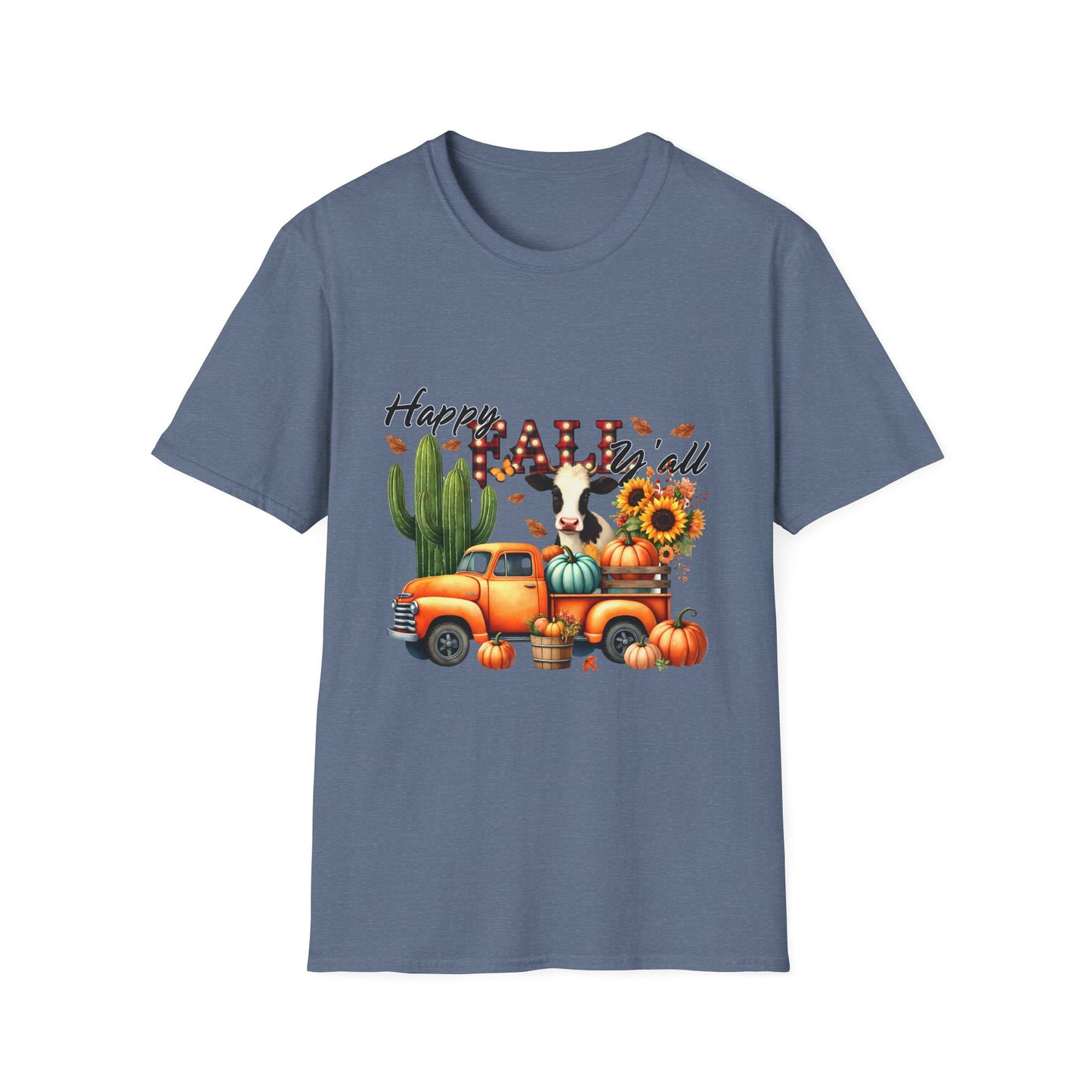 Happy Fall Y'all Unisex Softstyle Cow. FarmT-Shirt - Autumn Vibe Tee with Pumpkins and Sunflowers