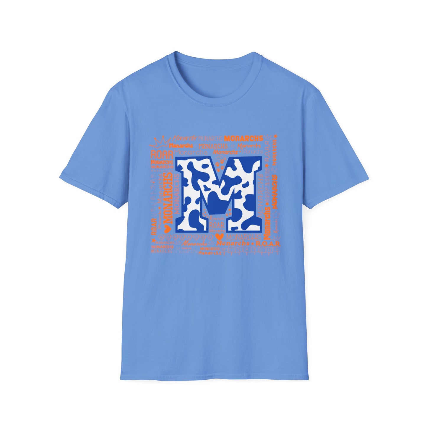Blue Cow Print M Monarchs Unisex Softstyle T-Shirt - Monarchs Roar Graphic Tee for School Spirit