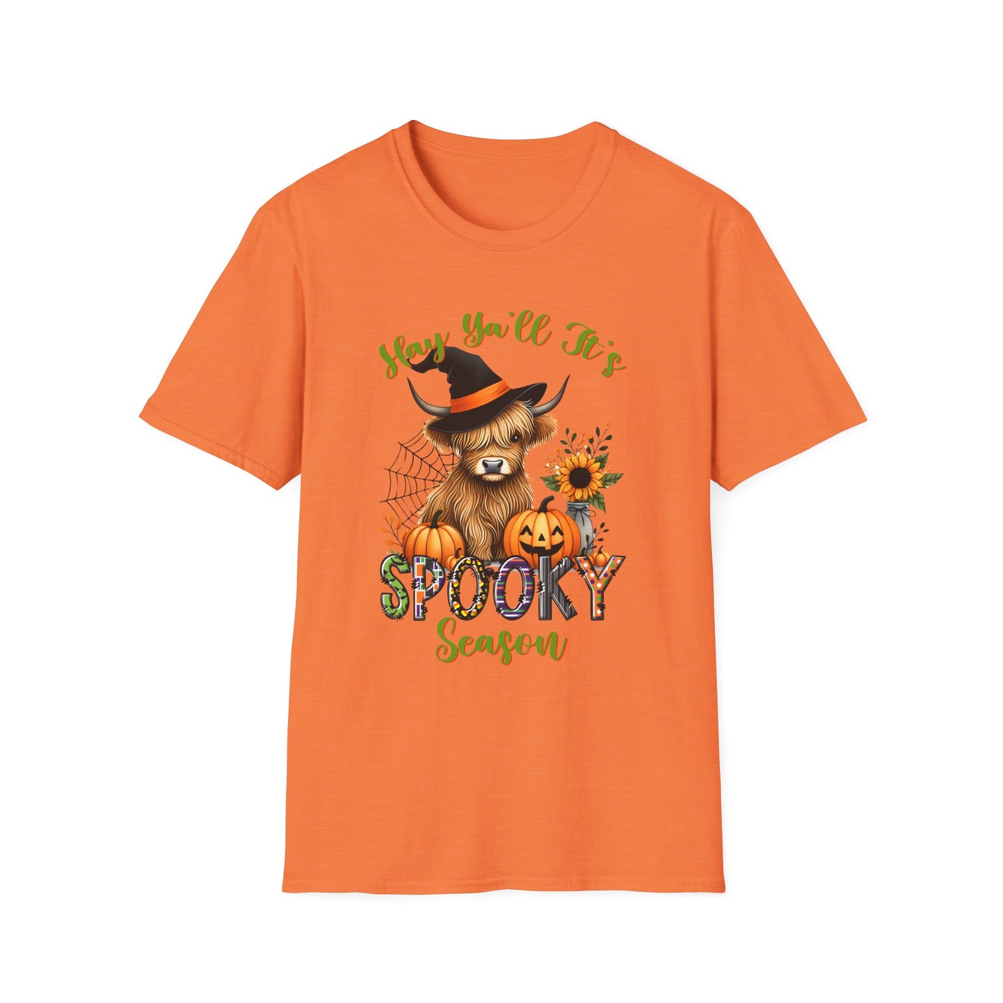 Hey Y'all It's Spooky Season Halloween Cow Unisex Softstyle T-Shirt - Perfect for Halloween Celebrations