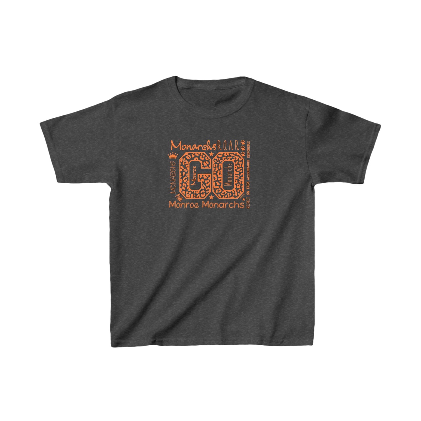 Kids Go Monarchs Orange Leopard Heavy Cotton Tee - Go Monroe Monarchs Cheer Shirt