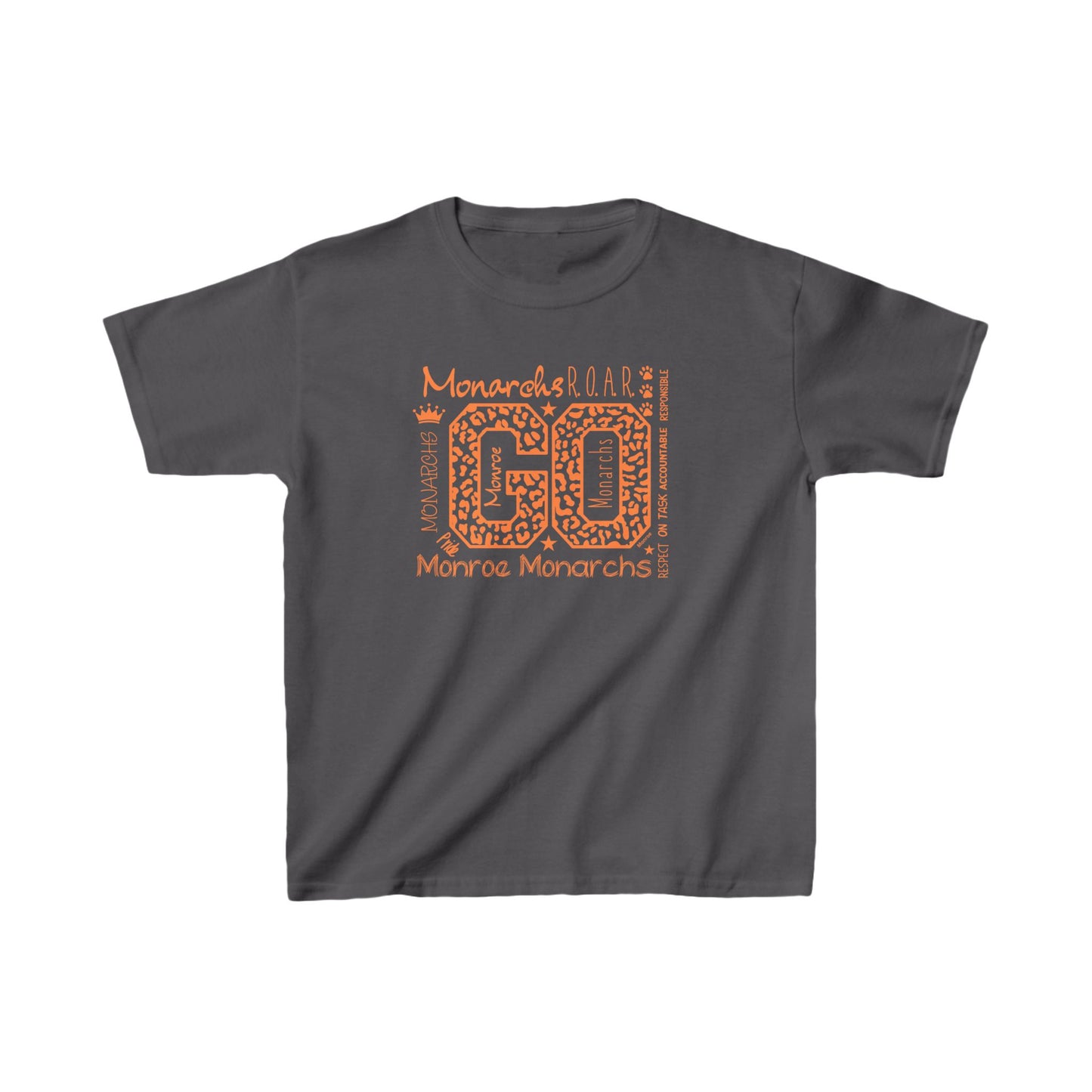 Kids Go Monarchs Orange Leopard Heavy Cotton Tee - Go Monroe Monarchs Cheer Shirt