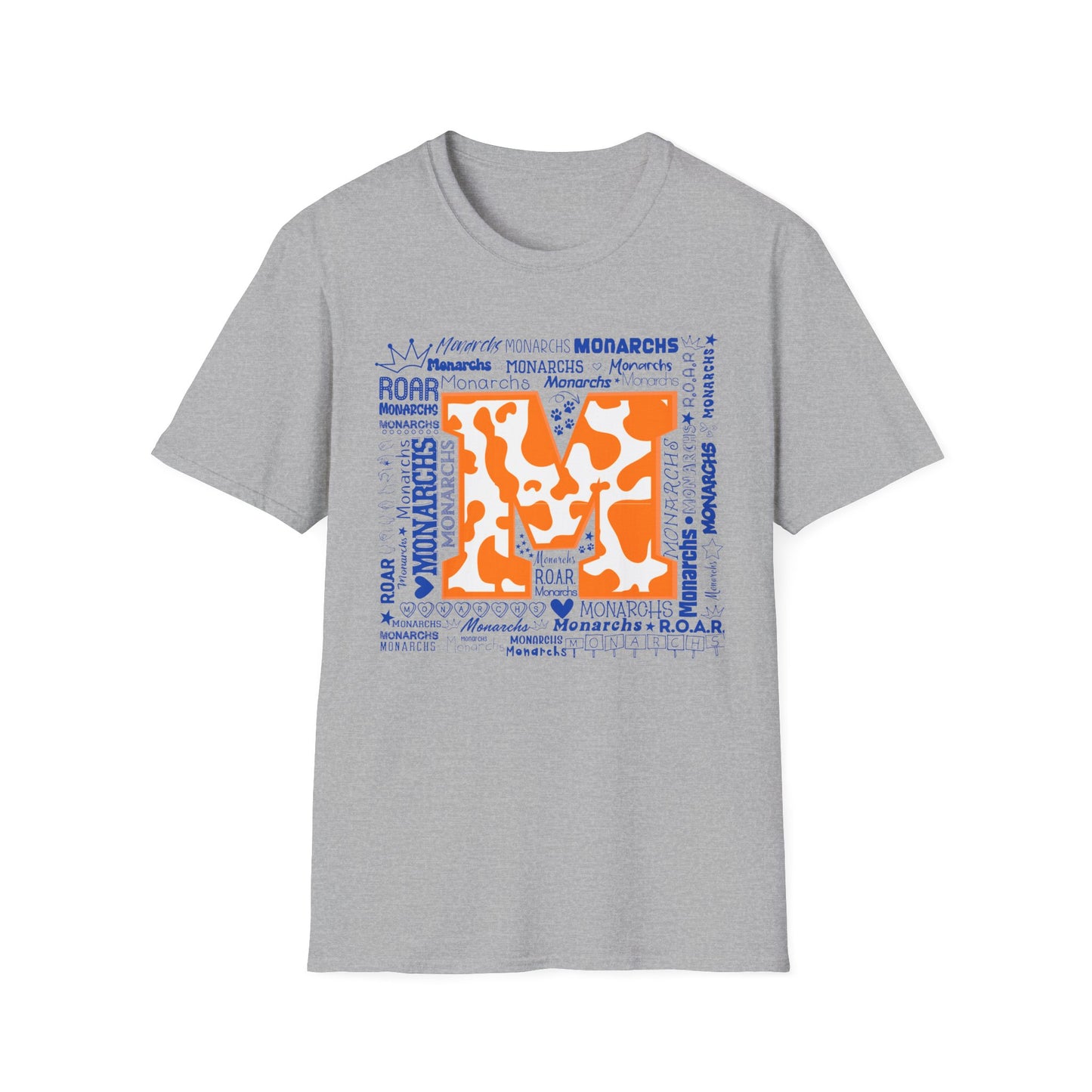 Orange Cow M Monarchs Unisex Softstyle T-Shirt with 'Monarchs Roar' Design - Perfect for School Spirit and Team Events