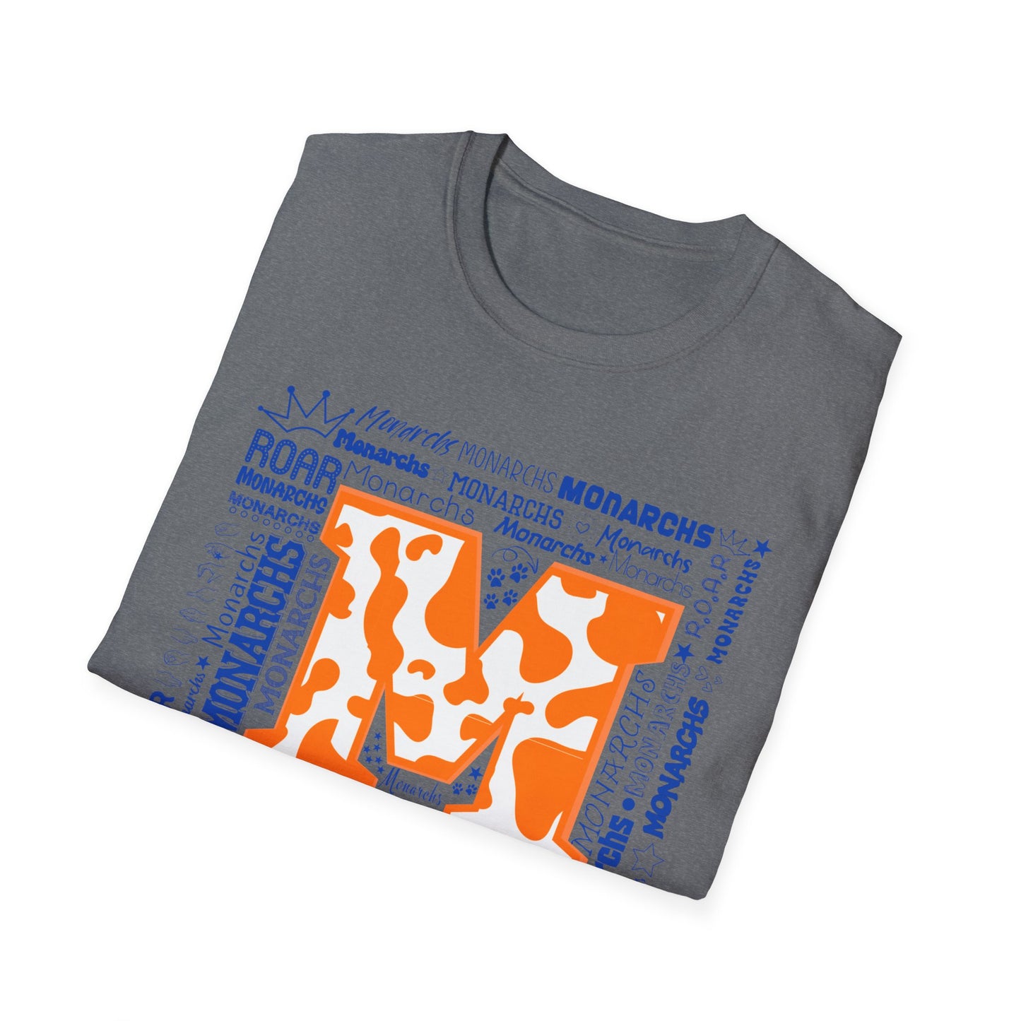 Orange Cow M Monarchs Unisex Softstyle T-Shirt with 'Monarchs Roar' Design - Perfect for School Spirit and Team Events