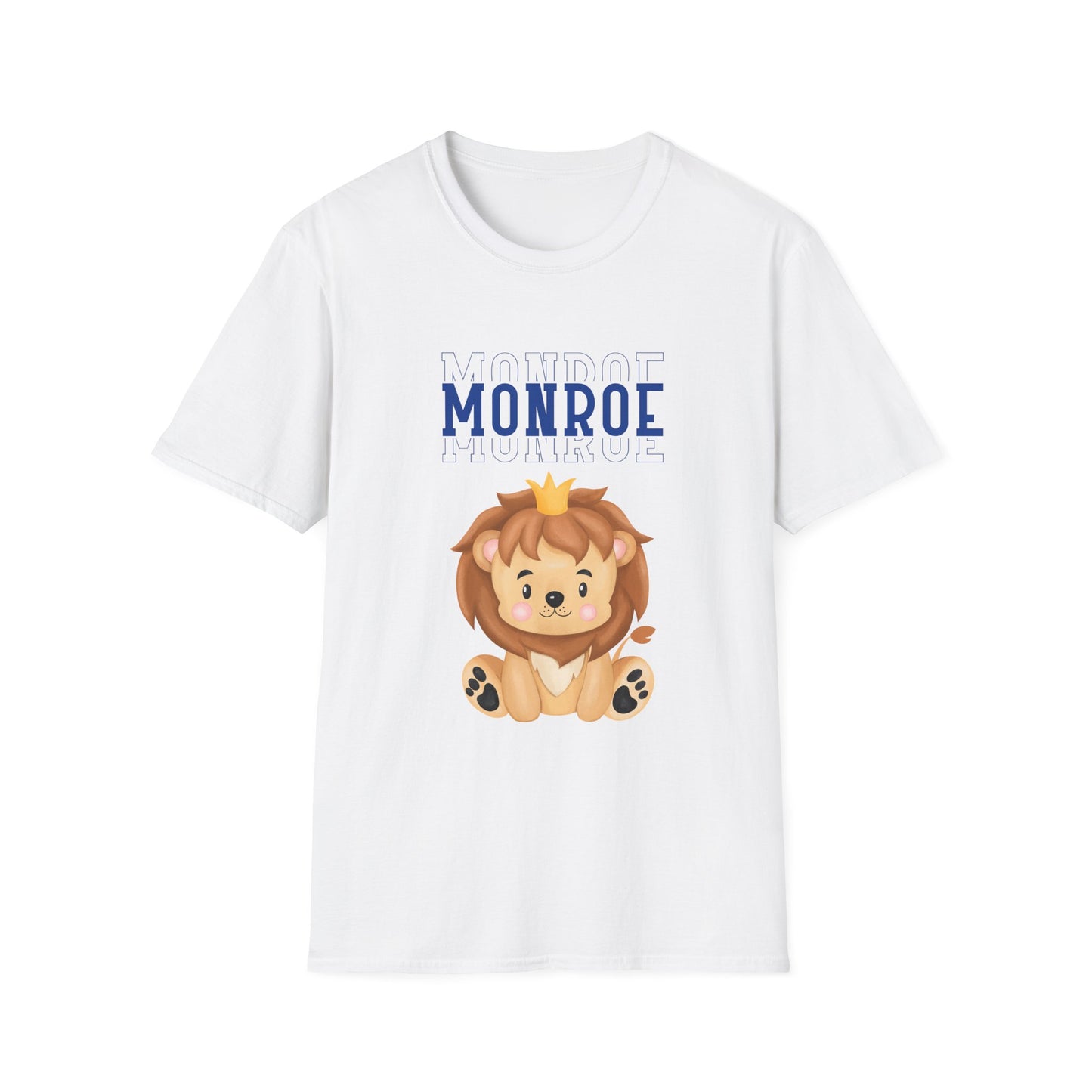 Triple Monroe Blue Lettering Cute Lion Wearing Crown Softstyle T-Shirt: Adult Unisex