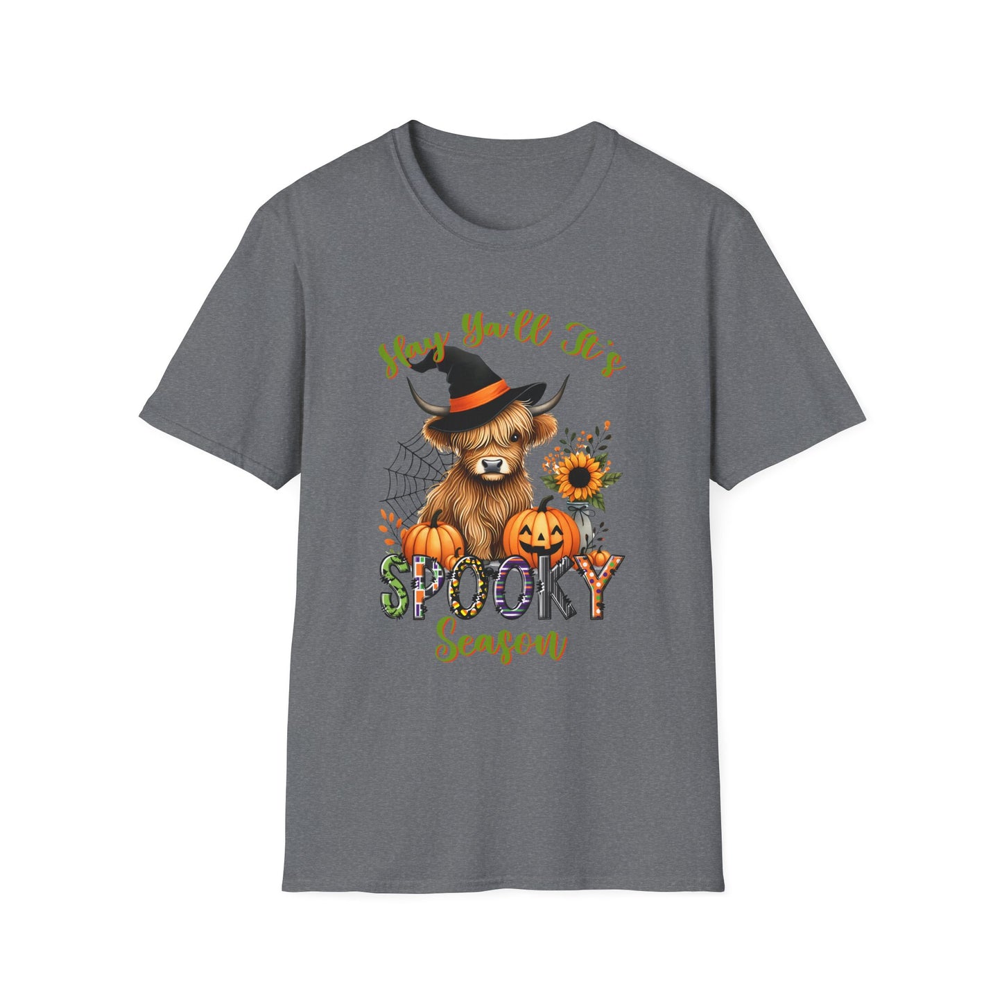 Hey Y'all It's Spooky Season Halloween Cow Unisex Softstyle T-Shirt - Perfect for Halloween Celebrations