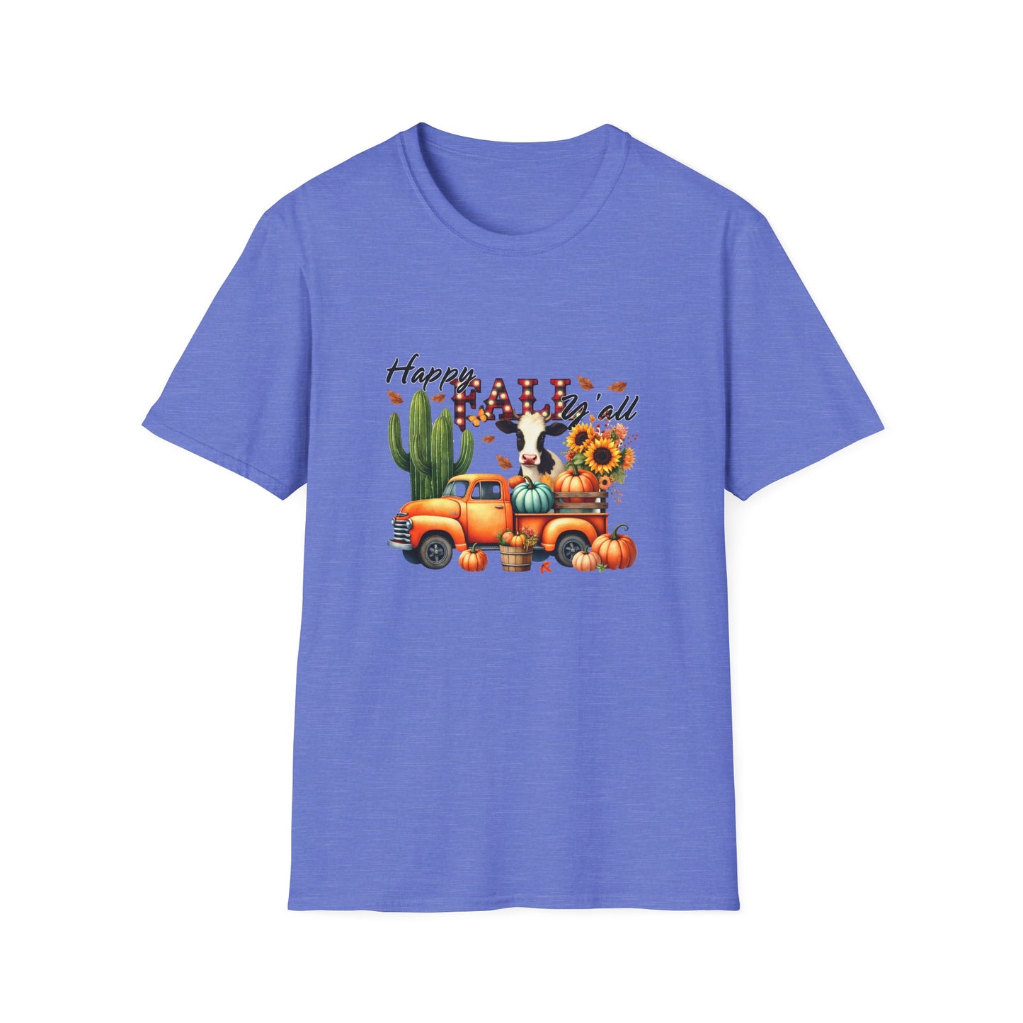 Happy Fall Y'all Unisex Softstyle Cow. FarmT-Shirt - Autumn Vibe Tee with Pumpkins and Sunflowers