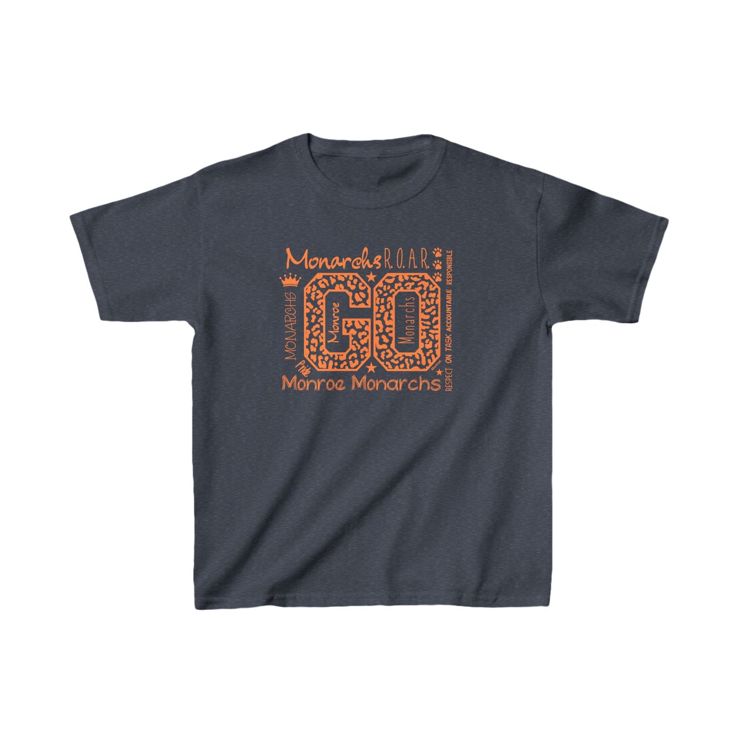 Kids Go Monarchs Orange Leopard Heavy Cotton Tee - Go Monroe Monarchs Cheer Shirt