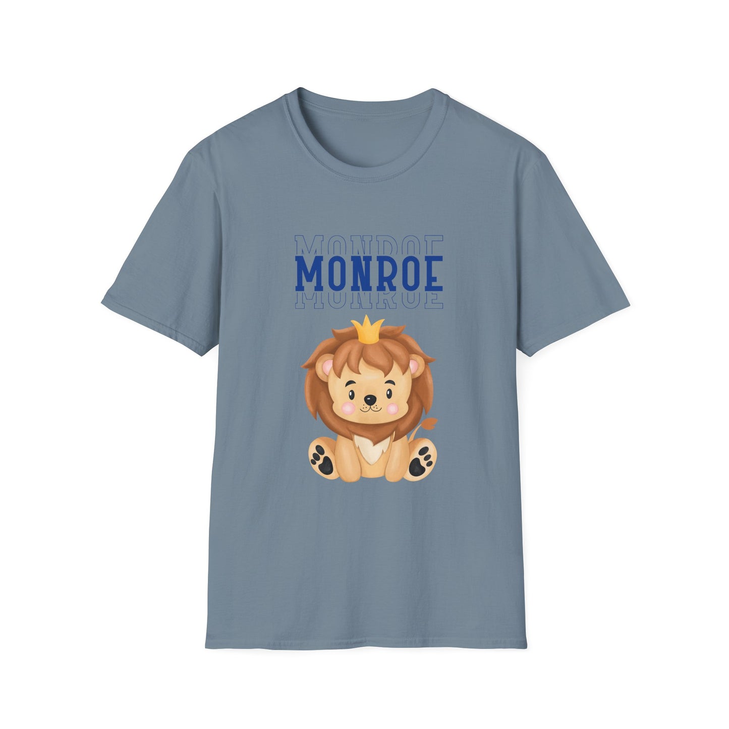 Triple Monroe Blue Lettering Cute Lion Wearing Crown Softstyle T-Shirt: Adult Unisex