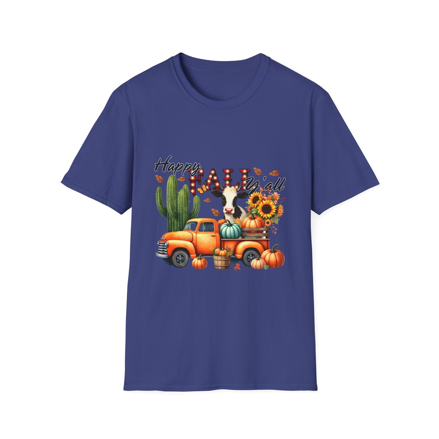 Happy Fall Y'all Unisex Softstyle Cow. FarmT-Shirt - Autumn Vibe Tee with Pumpkins and Sunflowers