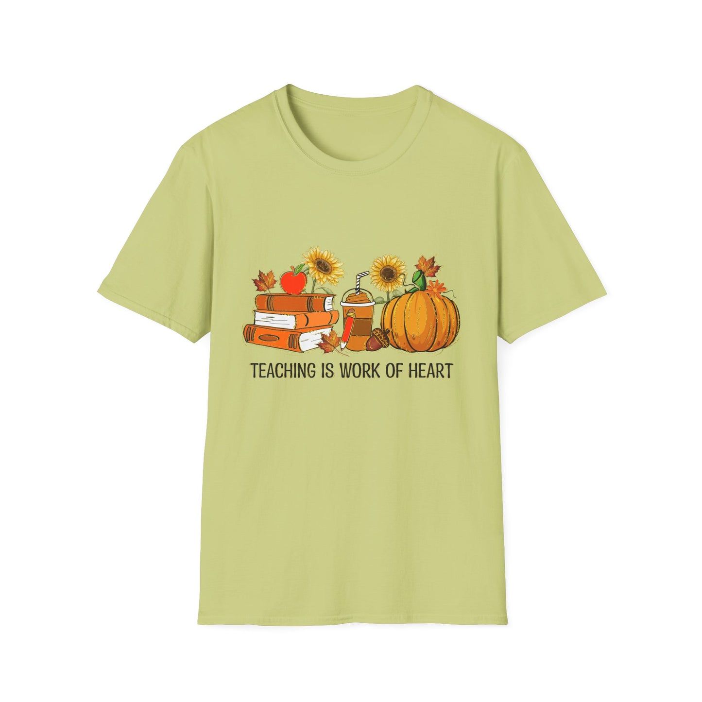 "Teaching is Work of Heart" Fall Teacher Unisex Softstyle T-Shirt - Pumpkin and Sunflower Design for Teachers