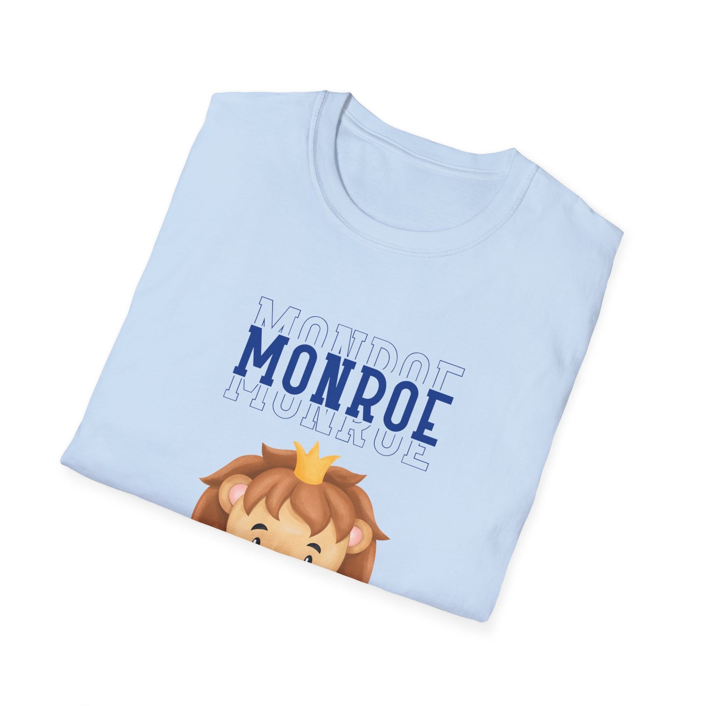 Triple Monroe Blue Lettering Cute Lion Wearing Crown Softstyle T-Shirt: Adult Unisex