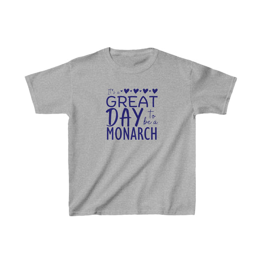 Kids Its a Great Day to be a Monarch  Blue Lettering Tee - Vibrant Green Cotton T-Shirt