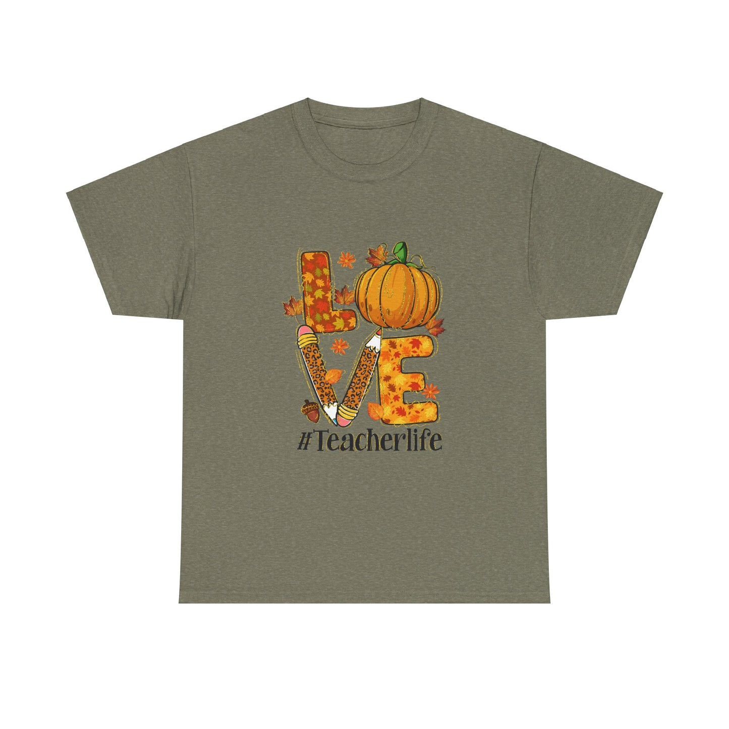 Fall Teacher Life Unisex Heavy Cotton Tee - Love & Pumpkin Design