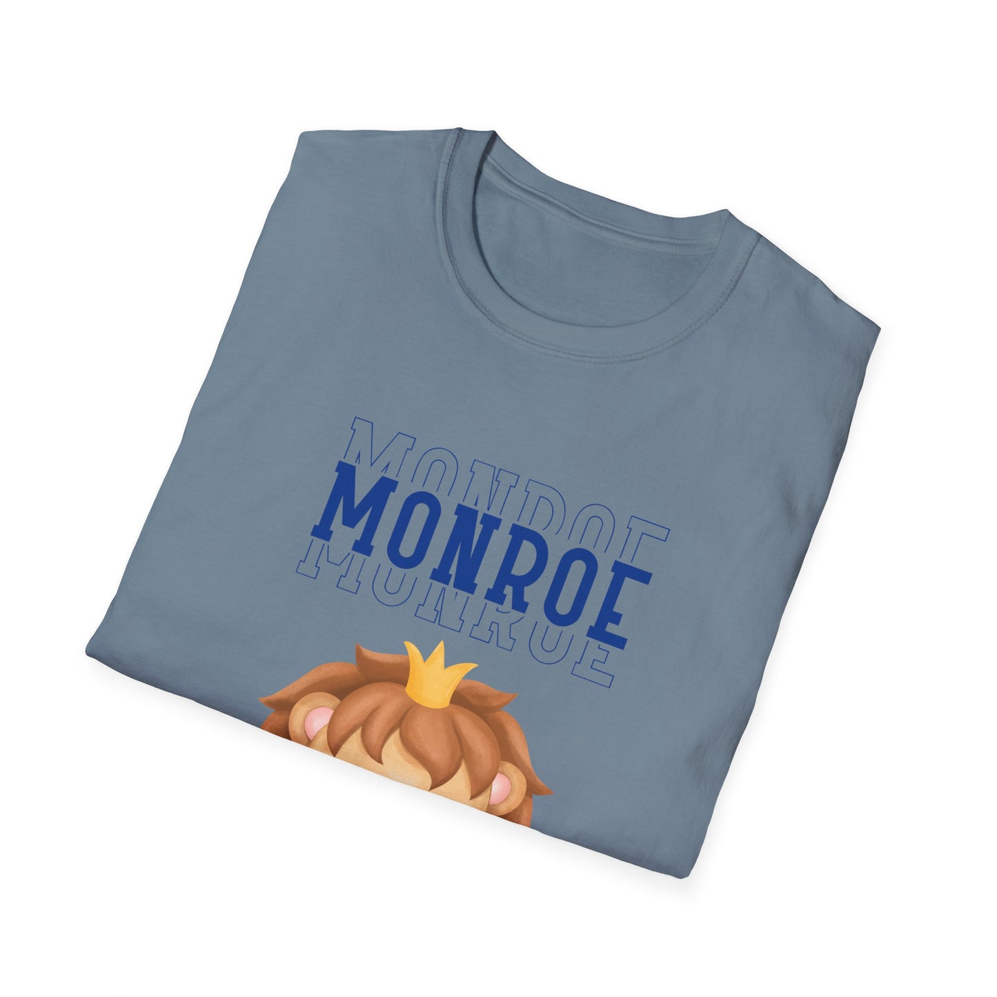 Triple Monroe Blue Lettering Cute Lion Wearing Crown Softstyle T-Shirt: Adult Unisex