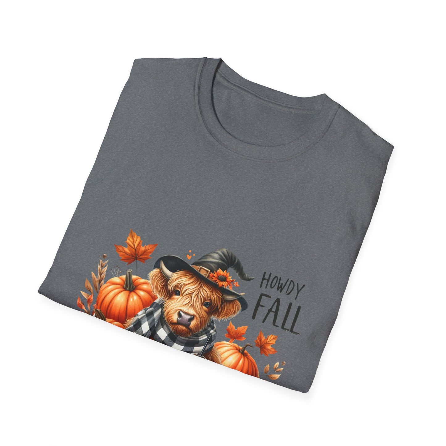 Howdy Fall-Themed Unisex T-Shirt with Cute Cow, Latte, and Pumpkin Design