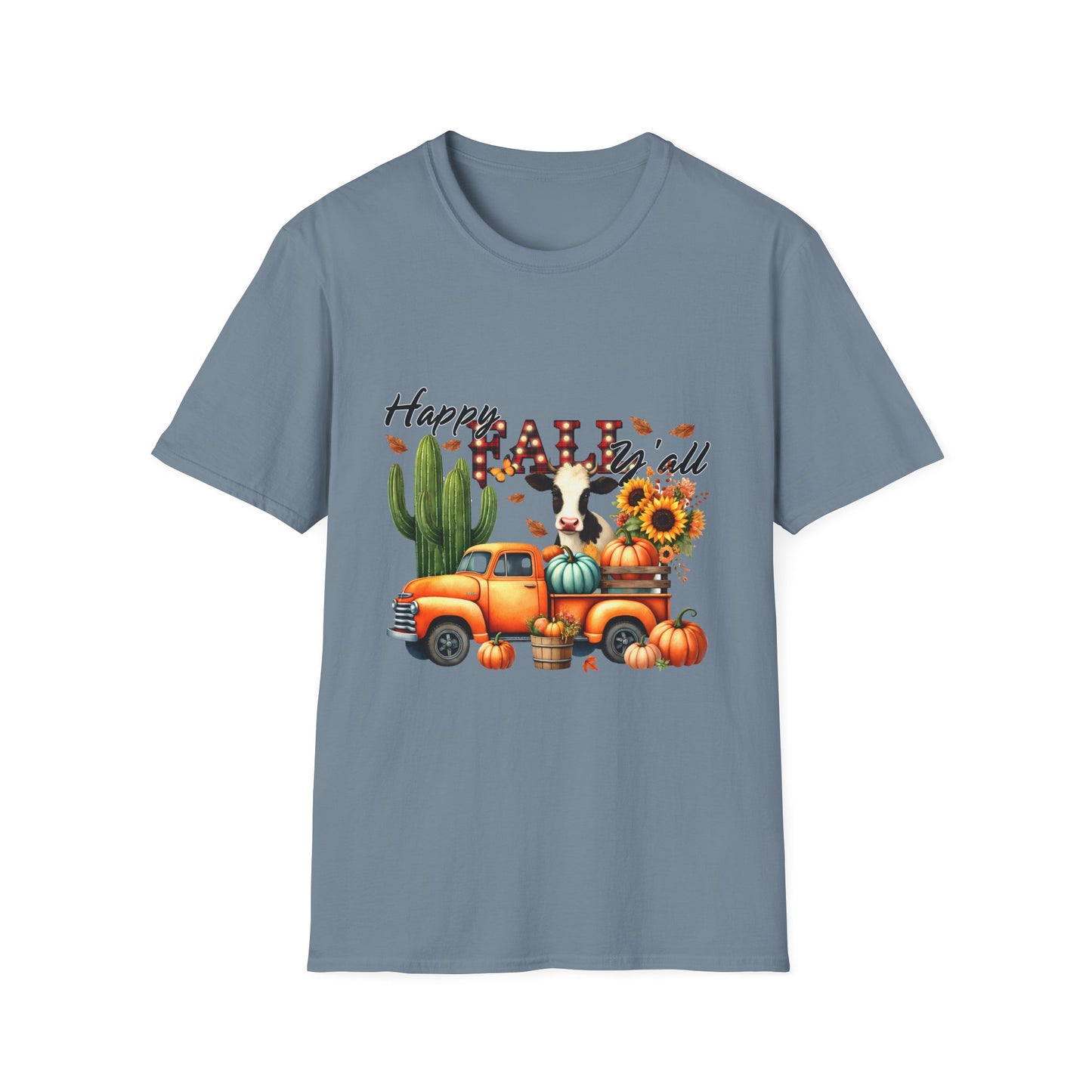 Happy Fall Y'all Unisex Softstyle Cow. FarmT-Shirt - Autumn Vibe Tee with Pumpkins and Sunflowers