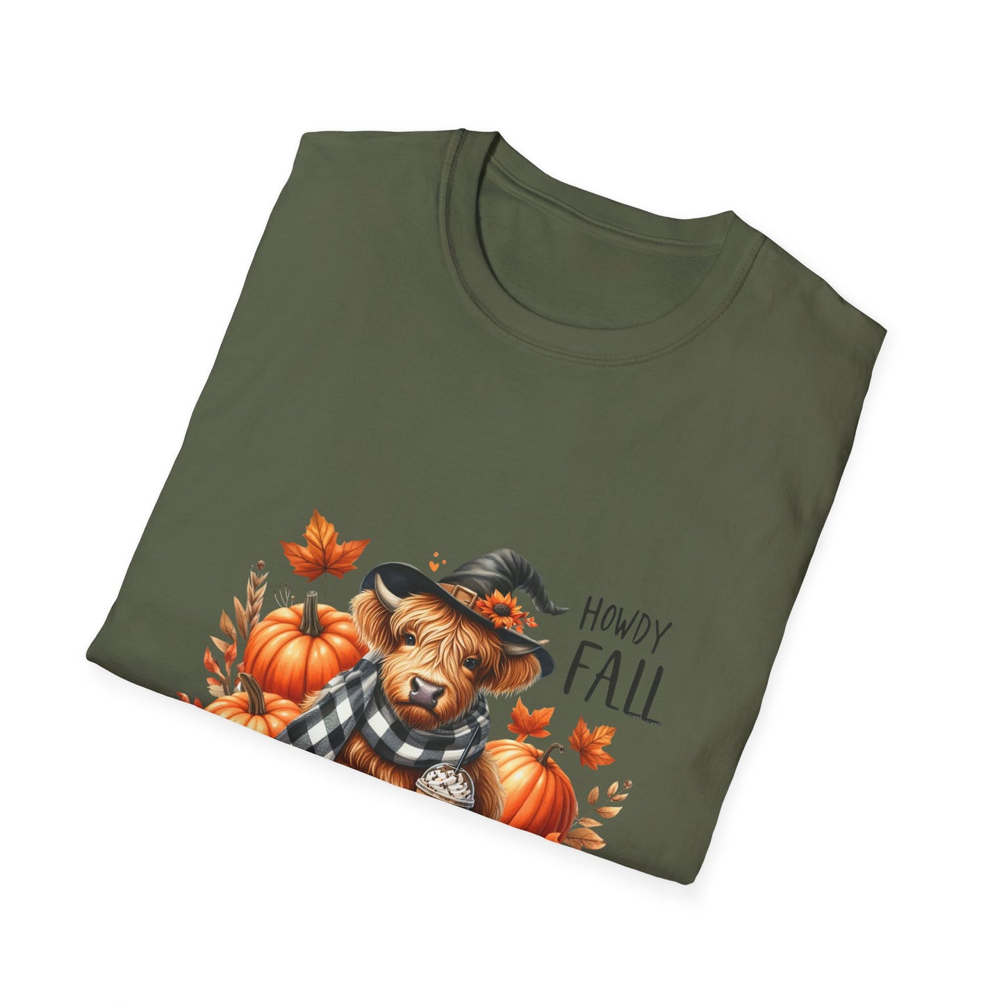 Howdy Fall-Themed Unisex T-Shirt with Cute Cow, Latte, and Pumpkin Design